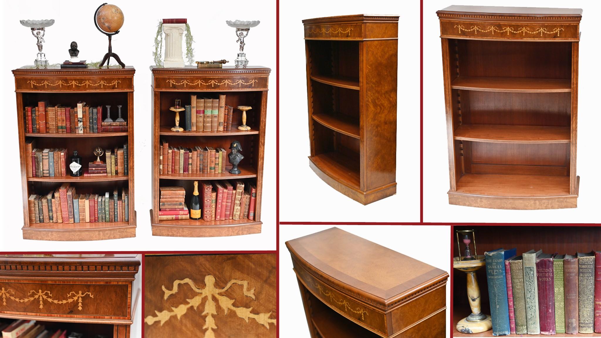 Late 20th Century Pair Walnut Bookcases Open Front Sheraton Inlay For Sale