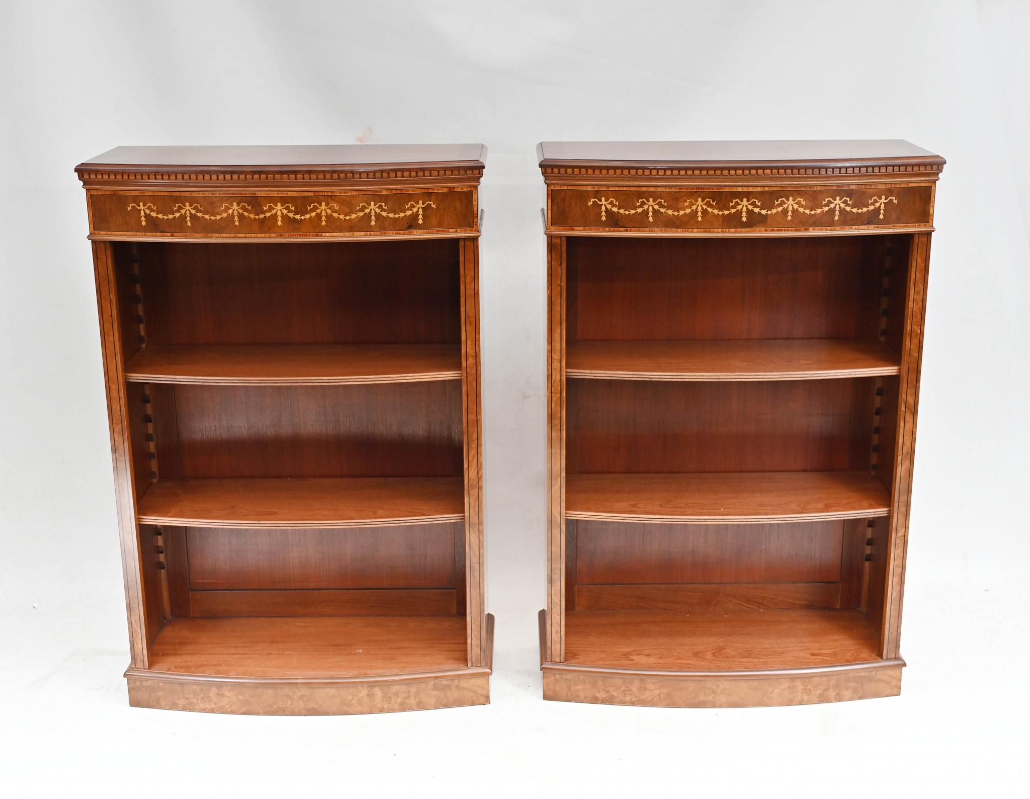 Pair Walnut Bookcases Open Front Sheraton Inlay For Sale 1