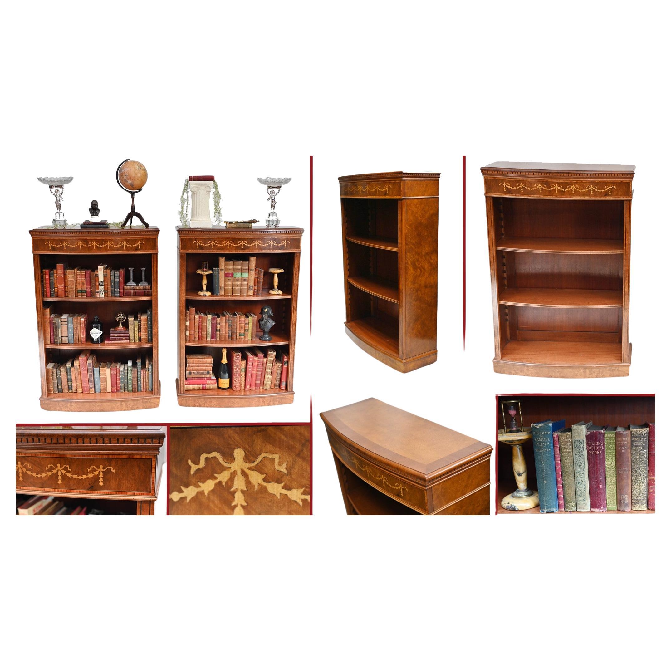 Pair Walnut Bookcases Open Front Sheraton Inlay For Sale