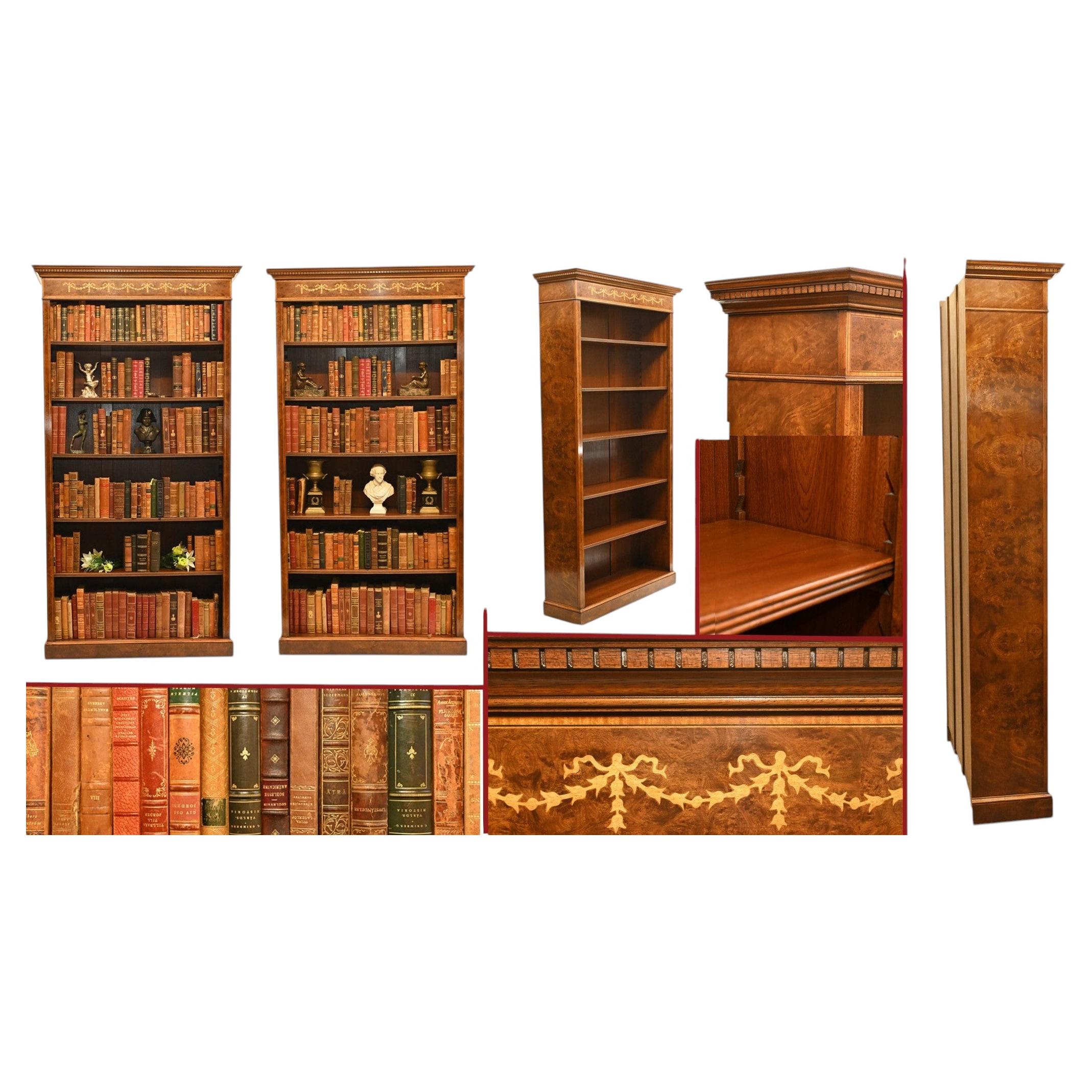 Pair Walnut Bookcases - Regency Sheraton Open Front Bespoke For Sale