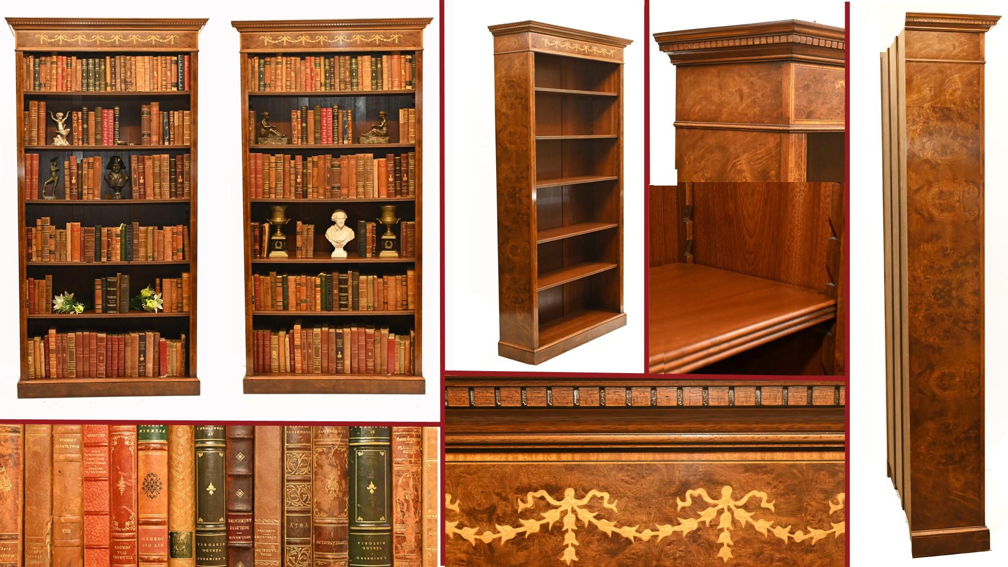 Pair Walnut Bookcases - Regency Sheraton Open Front For Sale 11