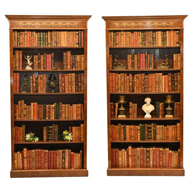 Pair Walnut Bookcases Open Front Sheraton Inlay For Sale at 1stDibs