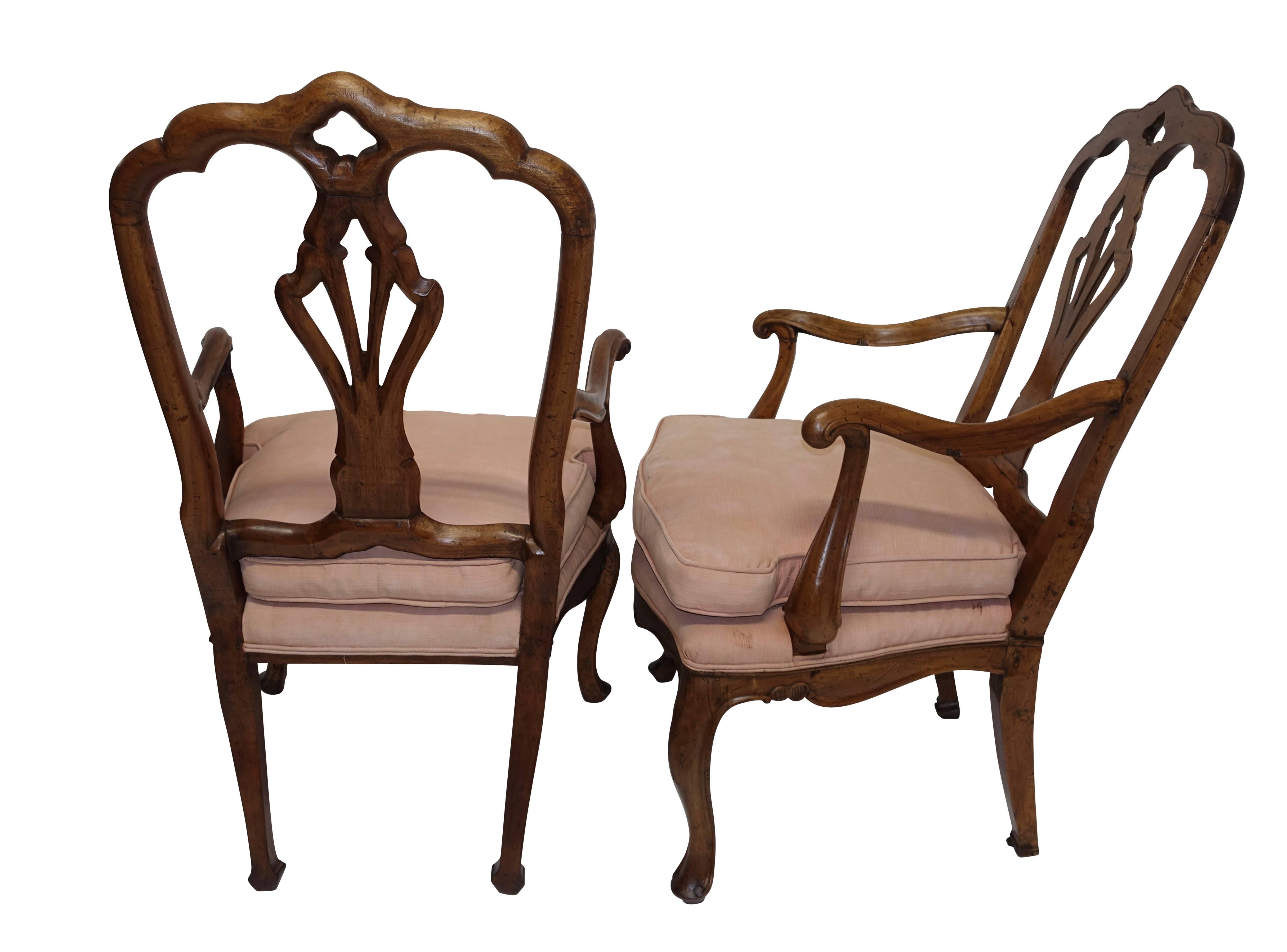 Polished Pair of Walnut Carved Armchairs Italian 19th Century