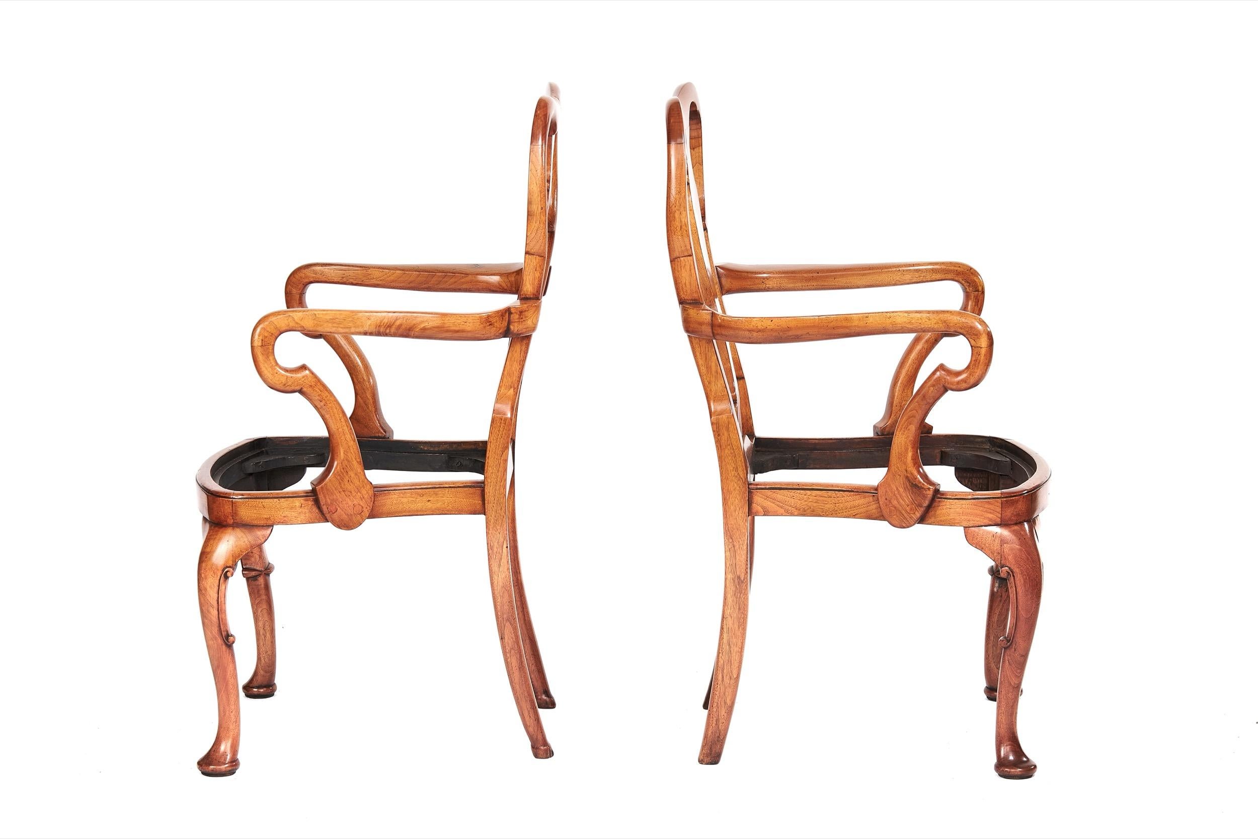 British Pair Walnut Elbow Chairs in the Queen Anne Style circa 1920s