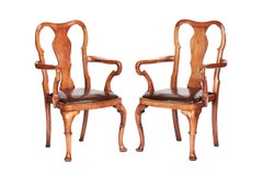 Pair Walnut Elbow Chairs in the Queen Anne Style circa 1920s