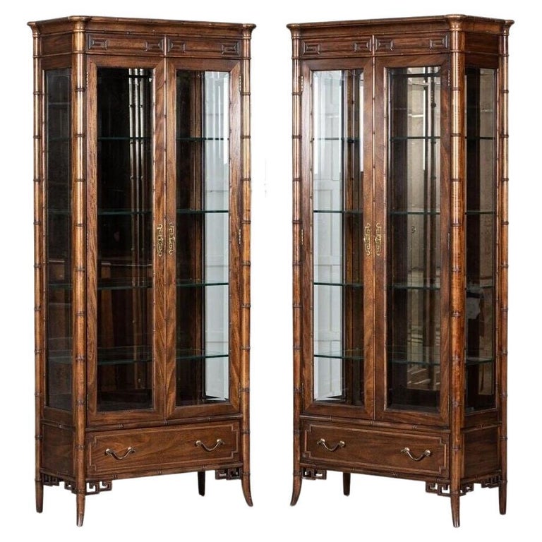 Pair Walnut Faux Bamboo Glazed Display For Sale at 1stDibs