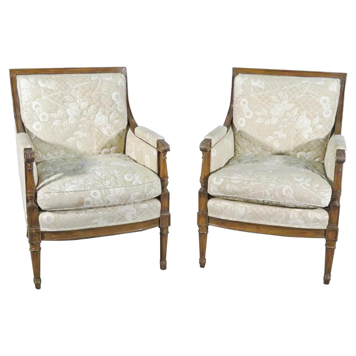 Pair Walnut French Louis XVI Style Square Back Bergere Chairs