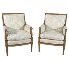 Pair Walnut French Louis XVI Style Square Back Bergere Chairs