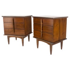 Vintage Pair Walnut Mid Century 3 Drawers Sculptural Night Stands End Tables Mint!