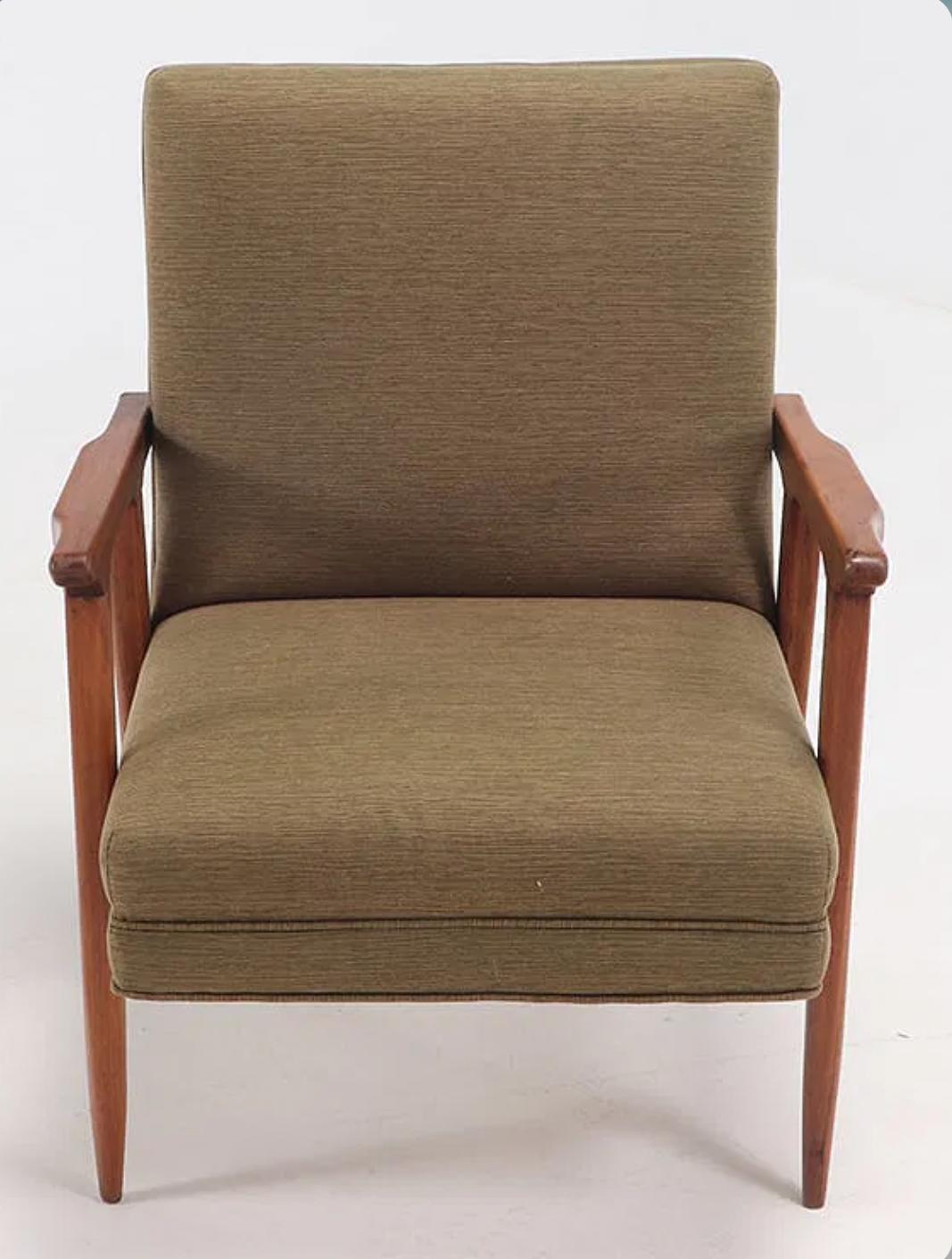 Mid-Century Modern Pair walnut open arm chairs C 1950 with new fabric For Sale