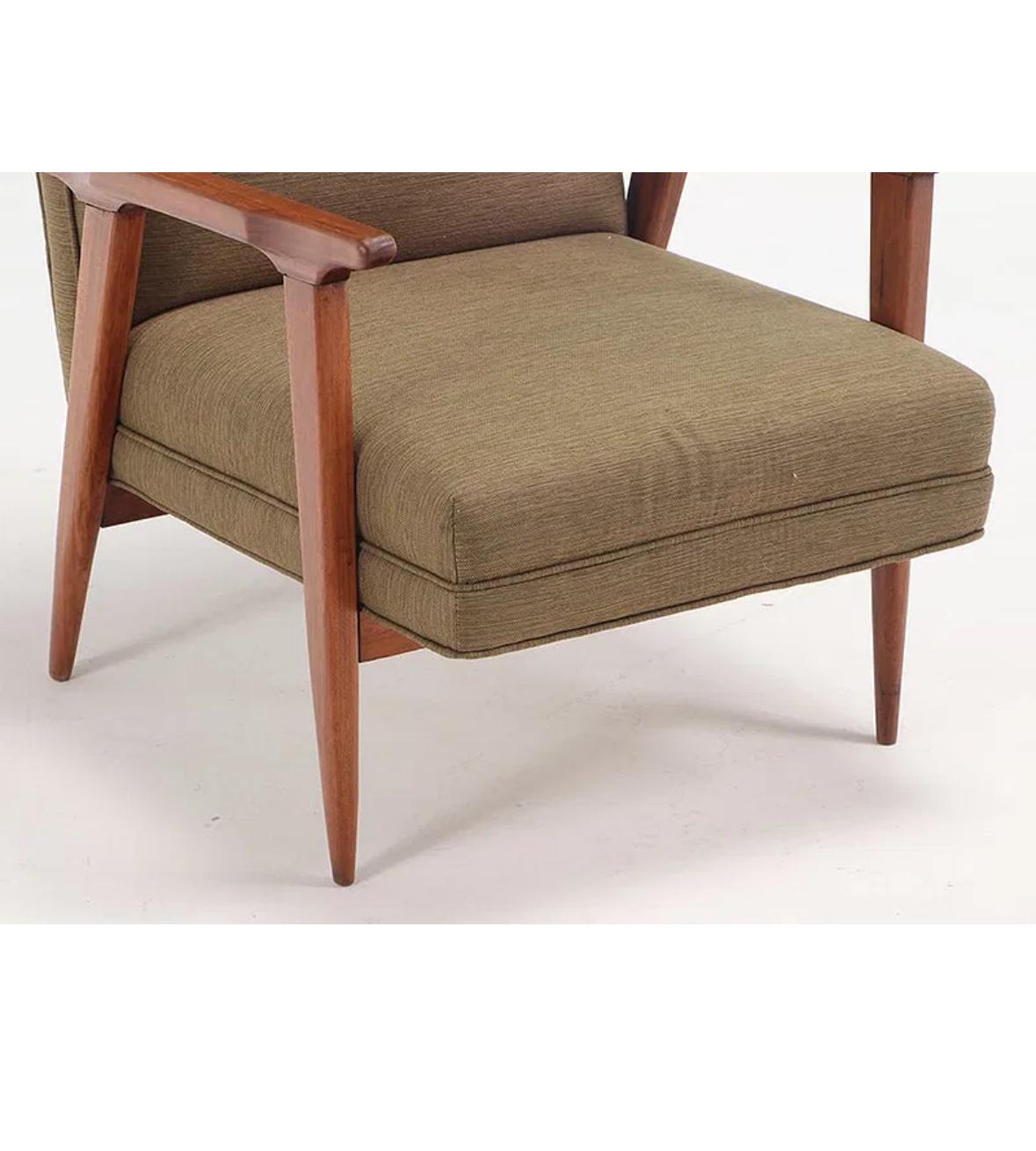 Pair walnut open arm chairs C 1950 with new fabric In Good Condition For Sale In Pineville, NC