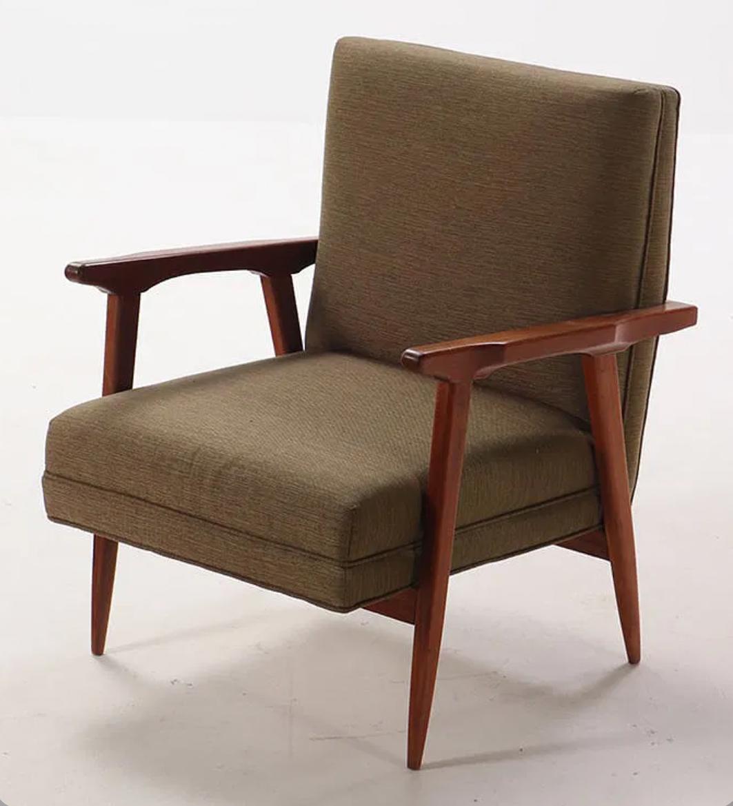20th Century Pair walnut open arm chairs C 1950 with new fabric For Sale