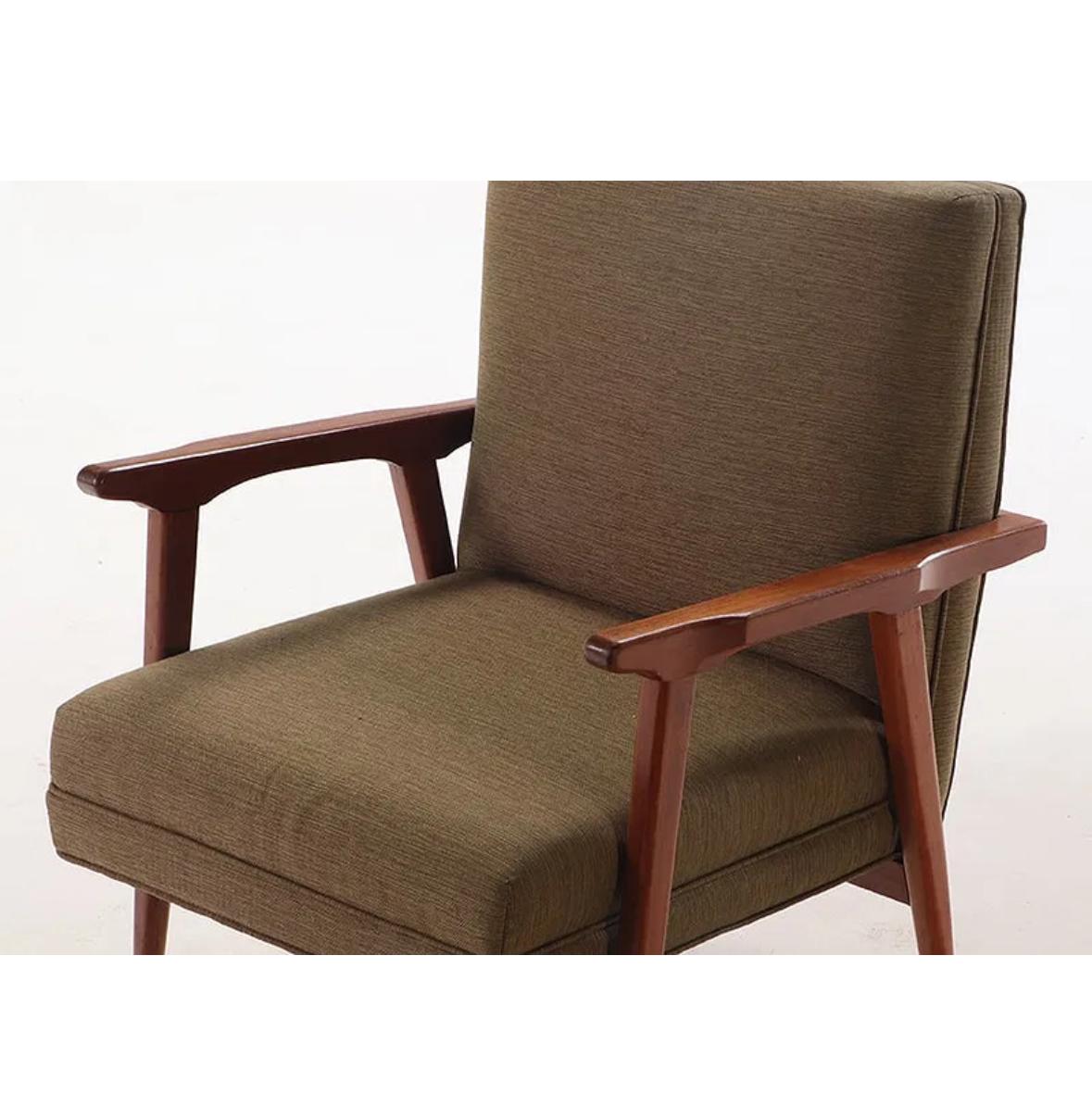 Fabric Pair walnut open arm chairs C 1950 with new fabric For Sale