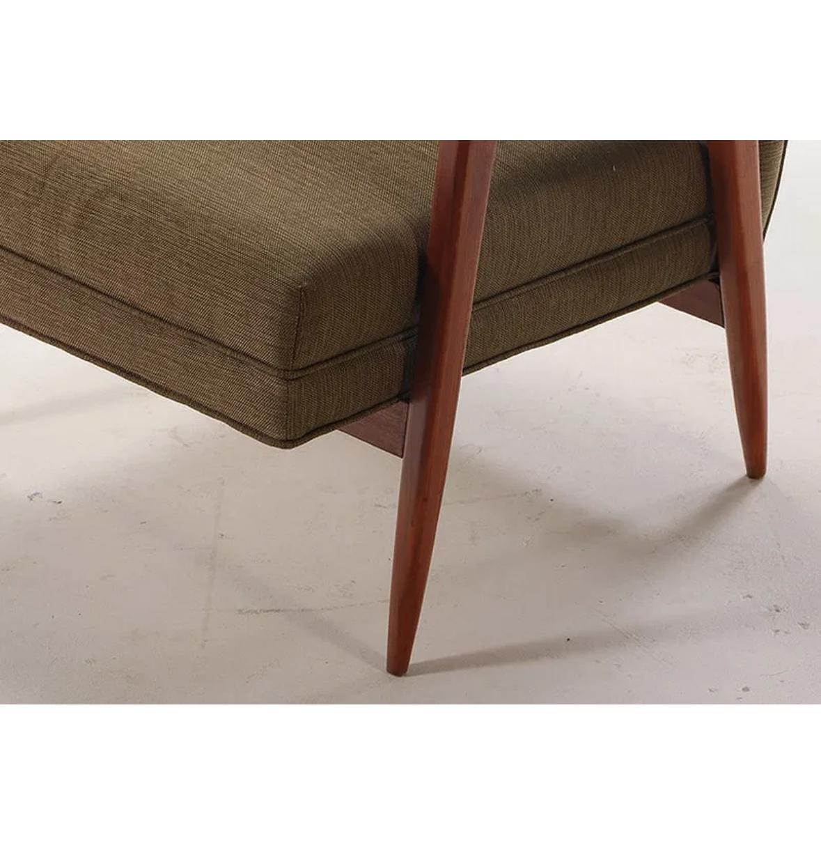Pair walnut open arm chairs C 1950 with new fabric For Sale 1