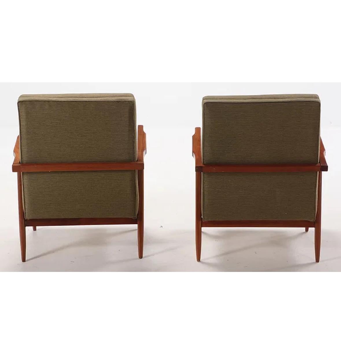 Pair walnut open arm chairs C 1950 with new fabric For Sale 2