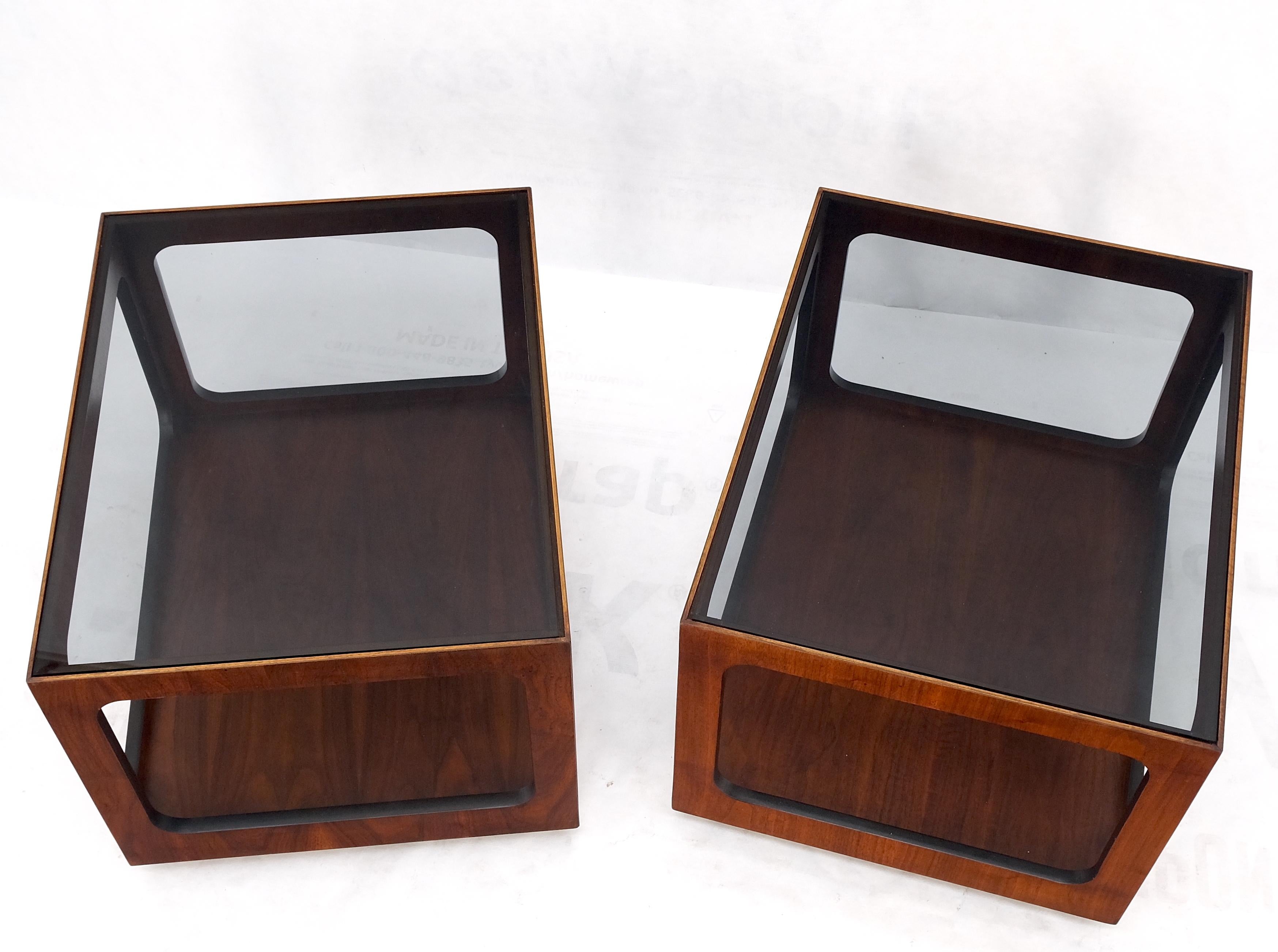 Pair Walnut Rectangle Cube Shape Smoked Glass Top Side End Tables Stands Mint! For Sale 1
