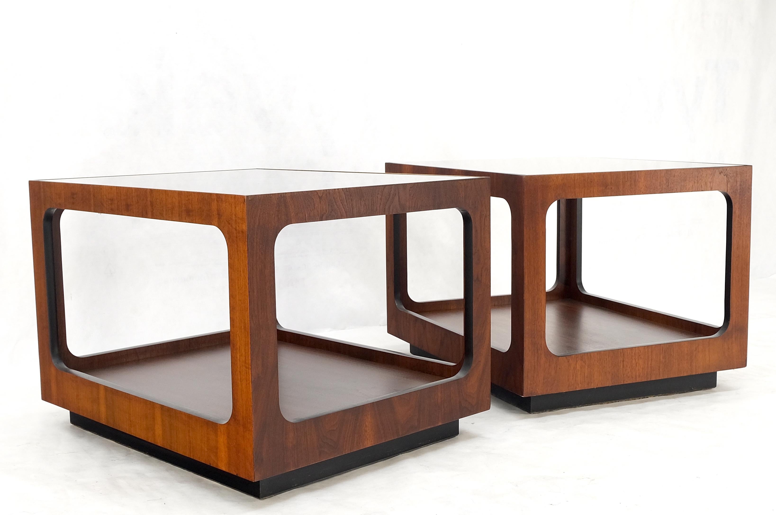 Pair Walnut Rectangle Cube Shape Smoked Glass Top Side End Tables Stands Mint! For Sale 2