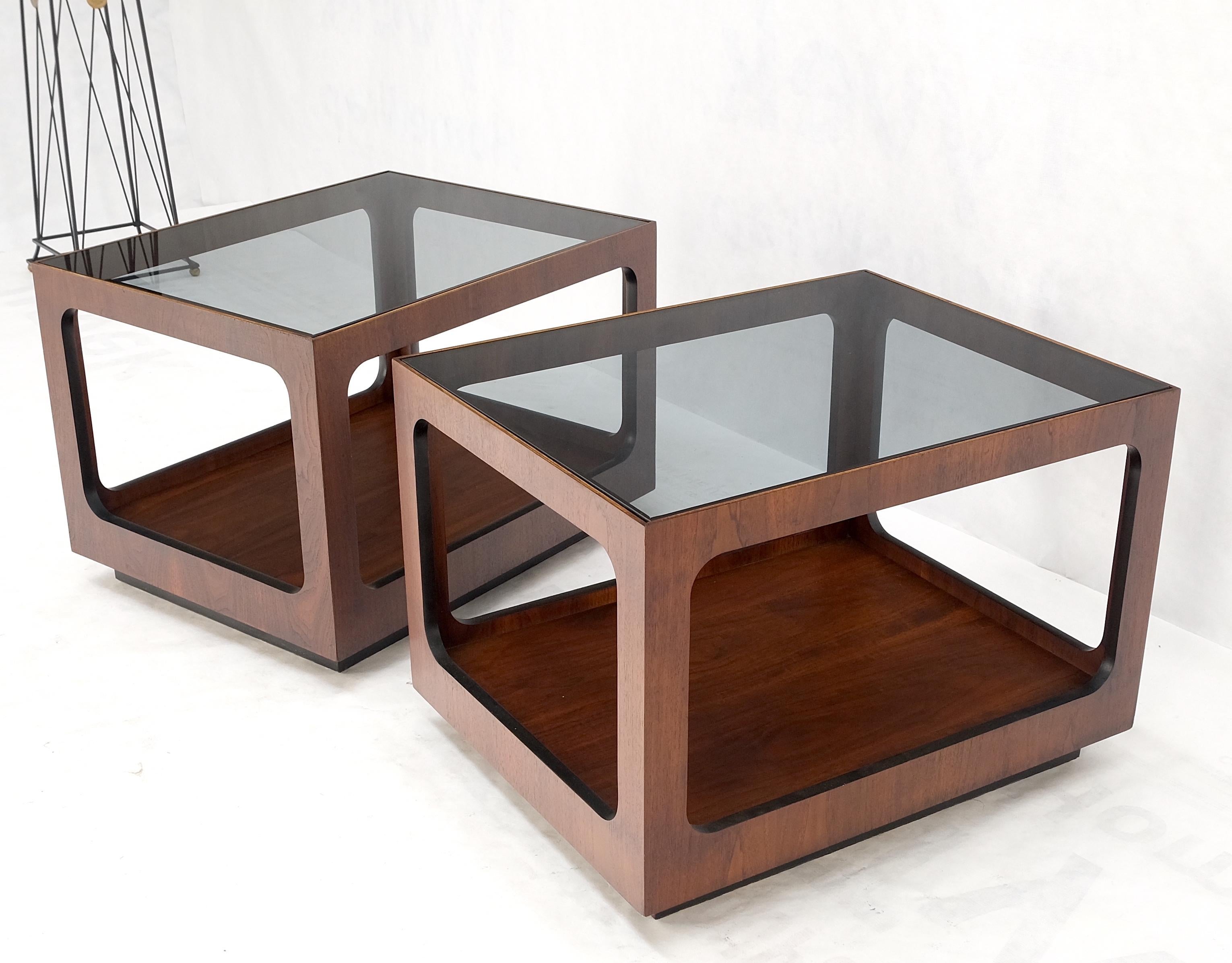 20th Century Pair Walnut Rectangle Cube Shape Smoked Glass Top Side End Tables Stands Mint! For Sale