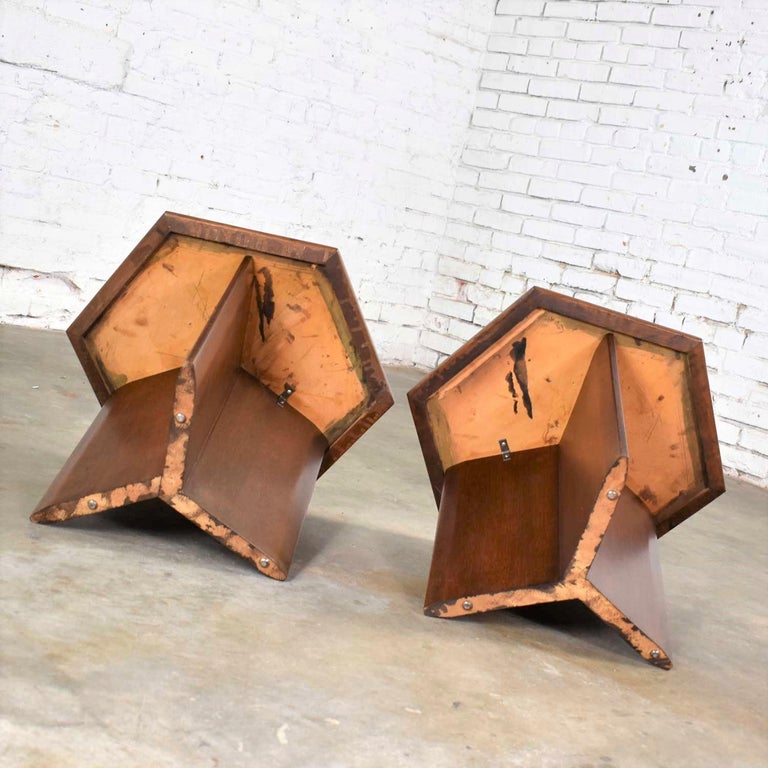 Pair Walnut Stained Hexagon Side Tables Style of Frank Lloyd Wright for