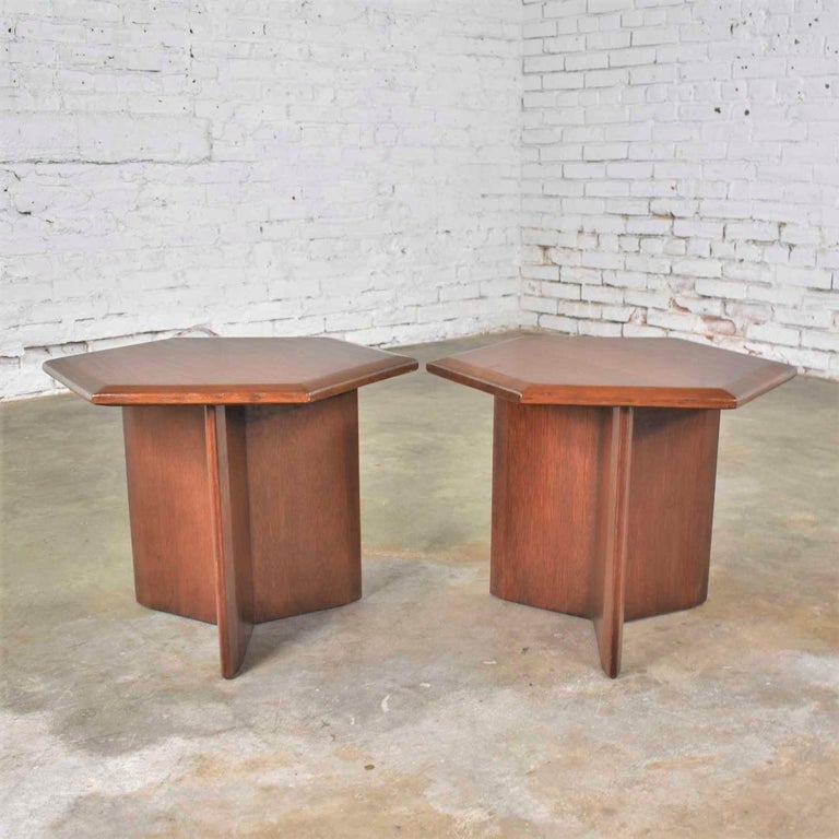 Pair Walnut Stained Hexagon Side Tables Style of Frank Lloyd Wright for