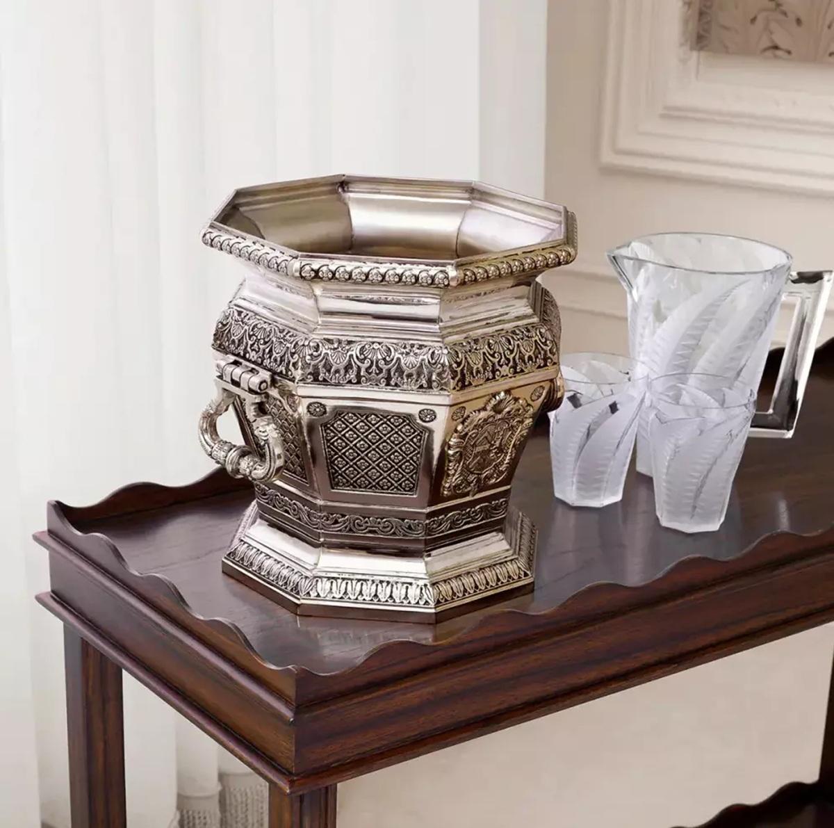 Pair Walpole Silverplated Wine Coolers after model at Met Museum and Eichholtz For Sale 2