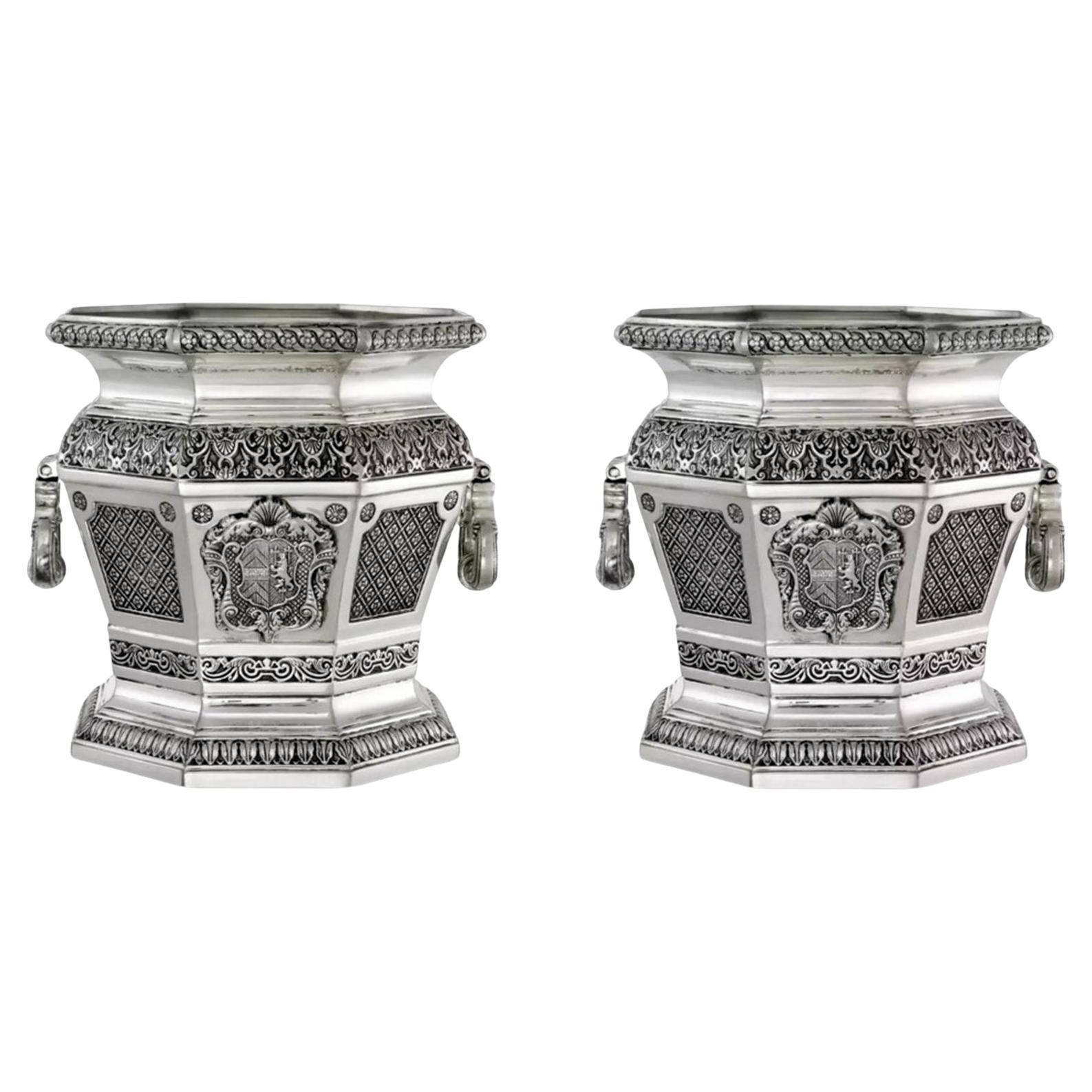Pair Walpole Silverplated Wine Coolers after model at Met Museum and Eichholtz For Sale