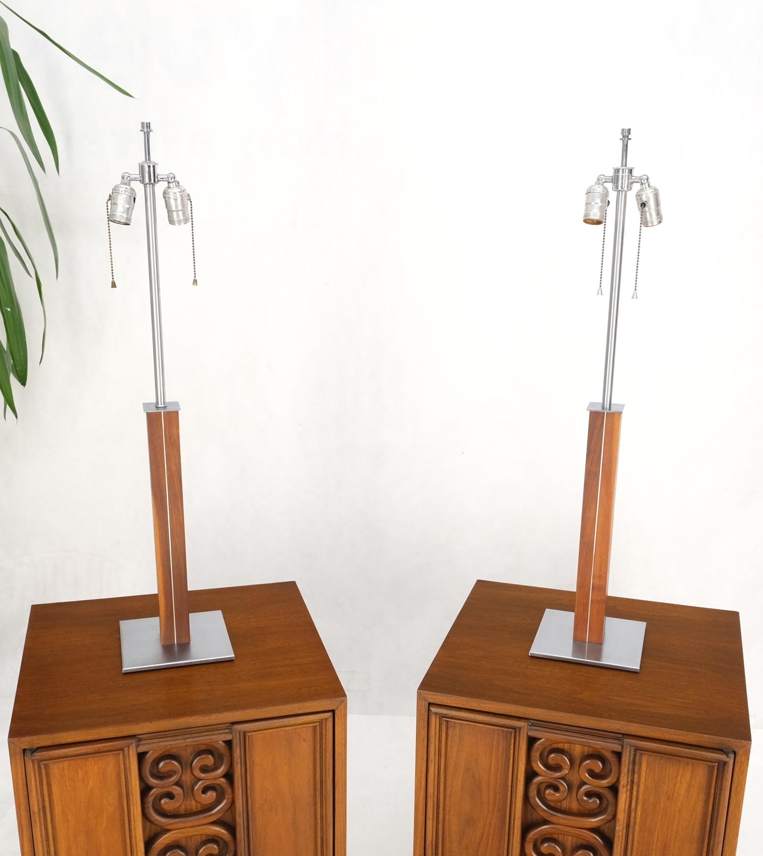 Pair Walter Von Nessen for Nessen Studios walnut inlaid chrome tower table lamp.