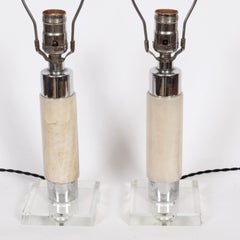Petitie Pair Walter Von Nessen Style Beige Onyx, Crystal & Chrome Table Lamps