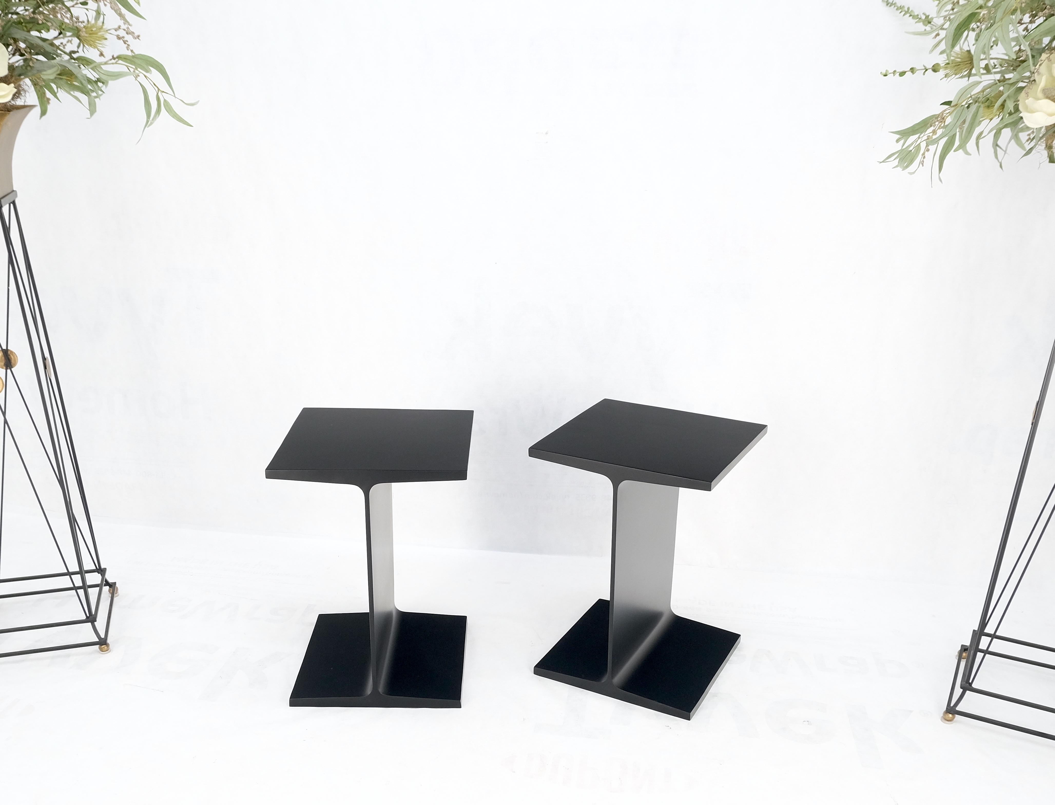 American Pair Ward Bennet Black Enamel i Beam End Side Occasional Tables Stands Mint For Sale