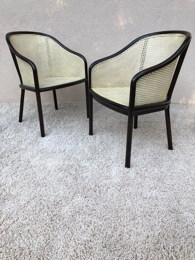 Pair Ward Bennet Cane Lacquered Bentwood Walnut Chairs In Excellent Condition For Sale In Westport, CT