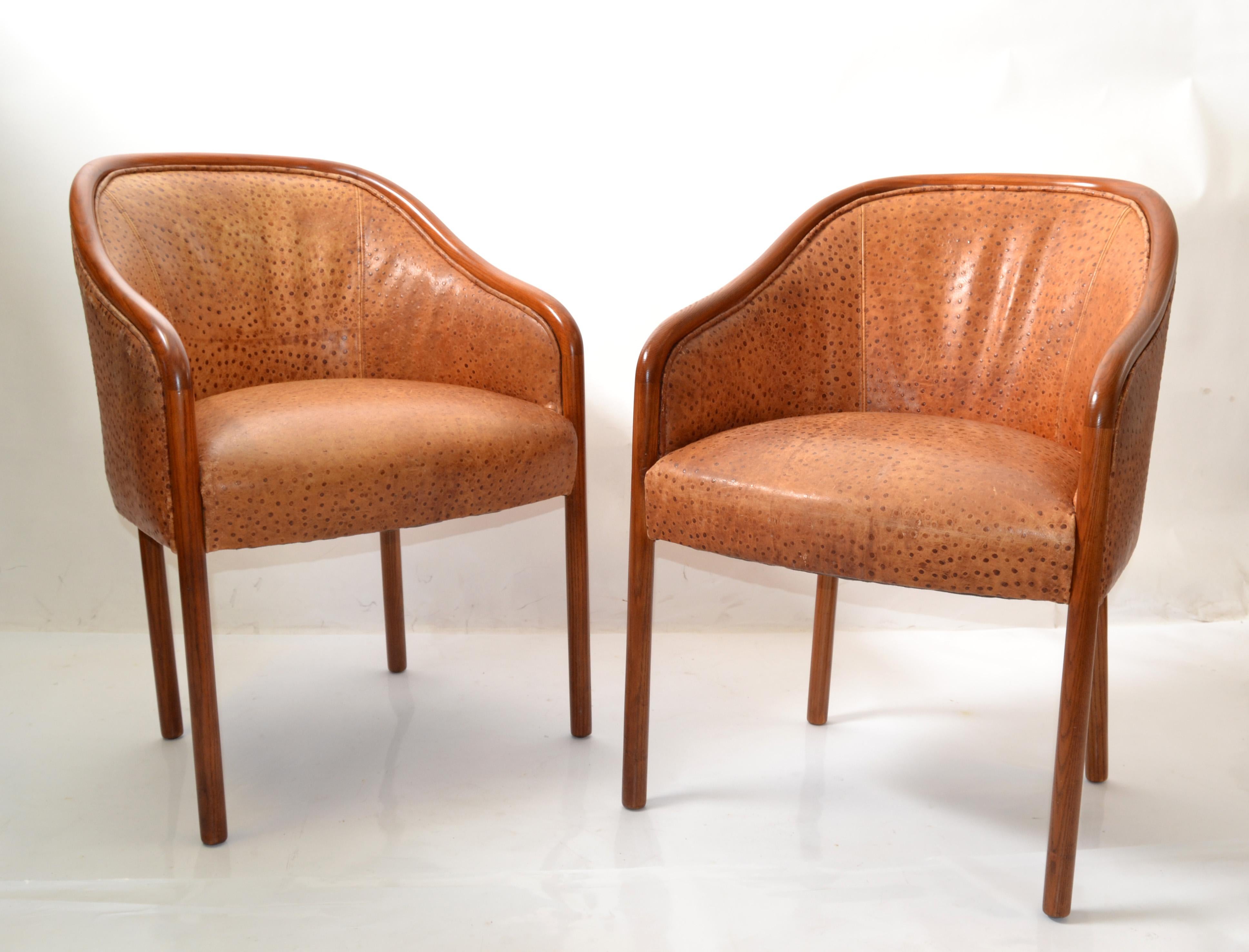 Pair, Ward Bennet Oak Armchairs Ostrich Leather Upholstery Mid-Century Modern 8