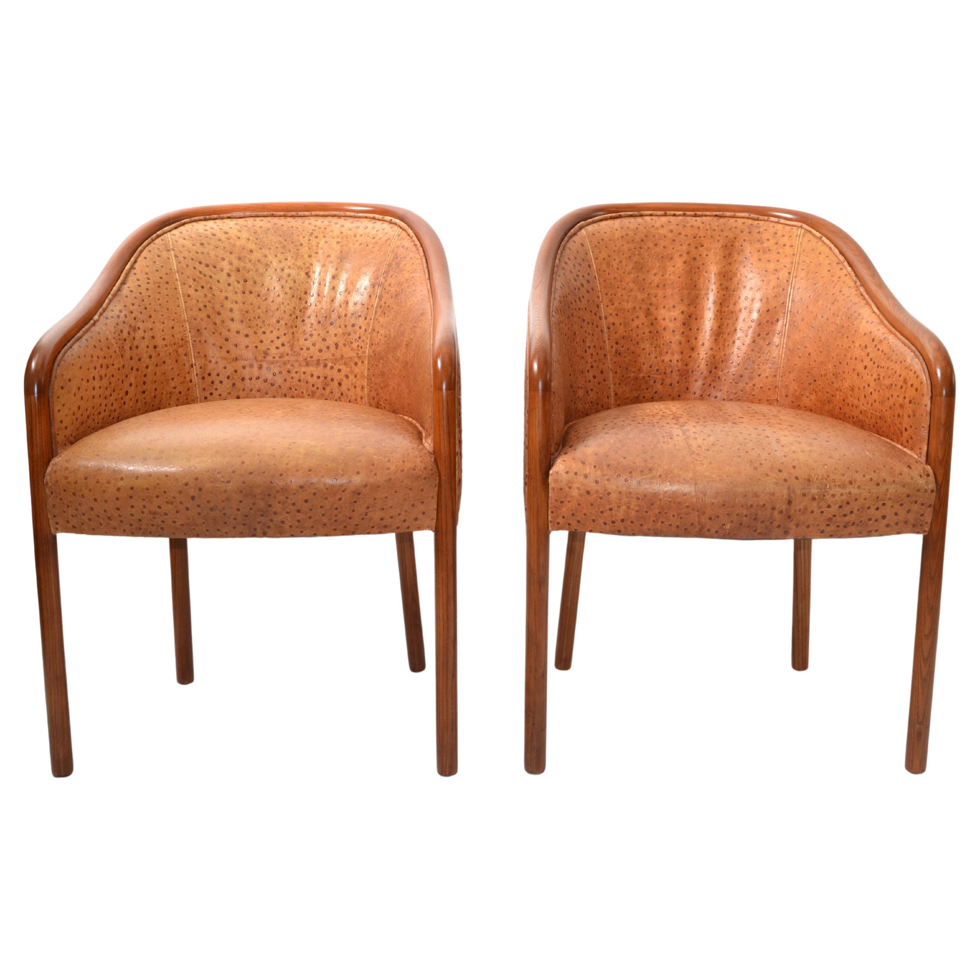 Pair, Ward Bennet Oak Armchairs Ostrich Leather Upholstery Mid-Century Modern