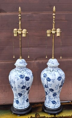 Pair Warren Kessler New York Asian Style White and Blue Floral Porcelain Lamps