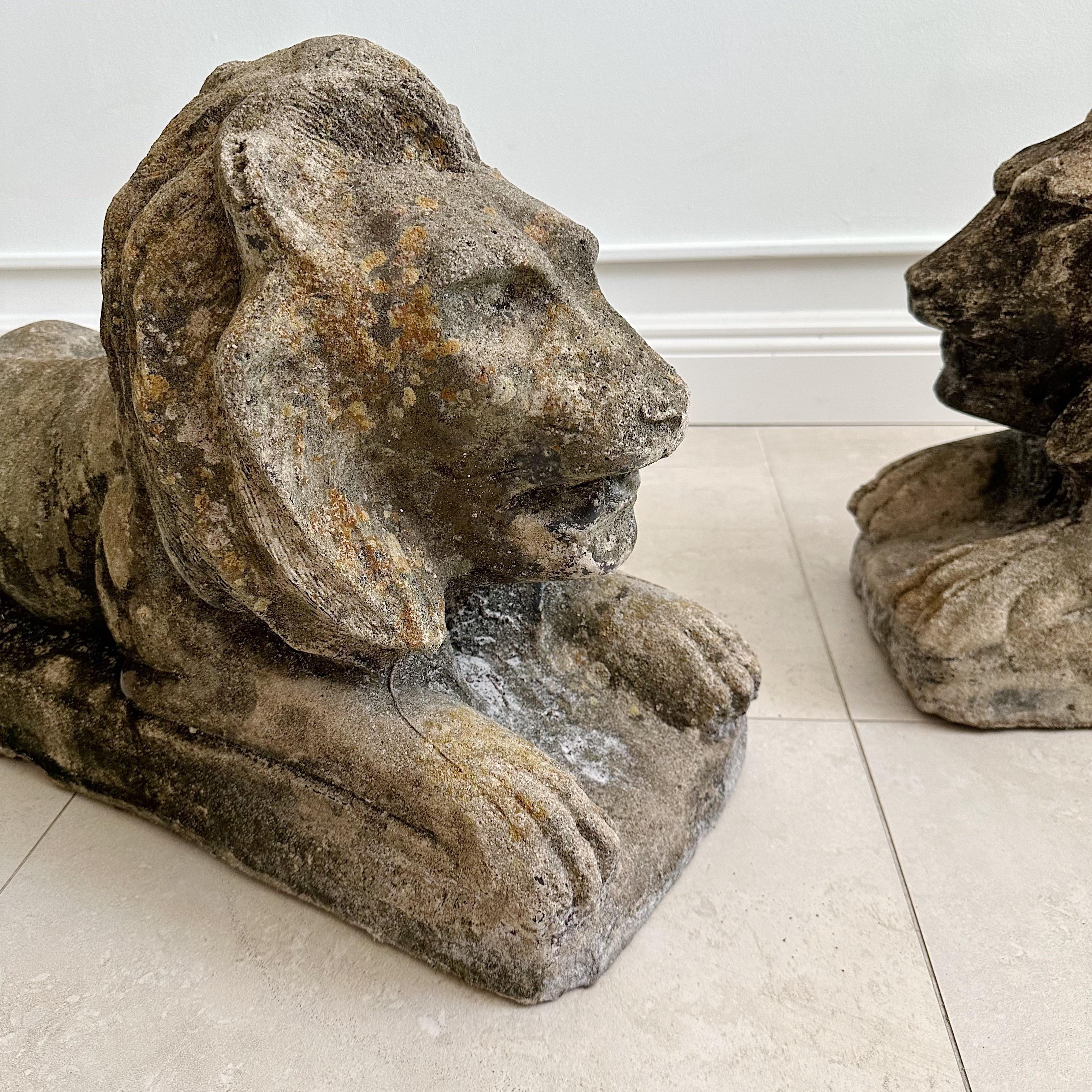American Classical Pair Weathered Concrete Outdoor Reclining Garden Lions Circa 1950's For Sale