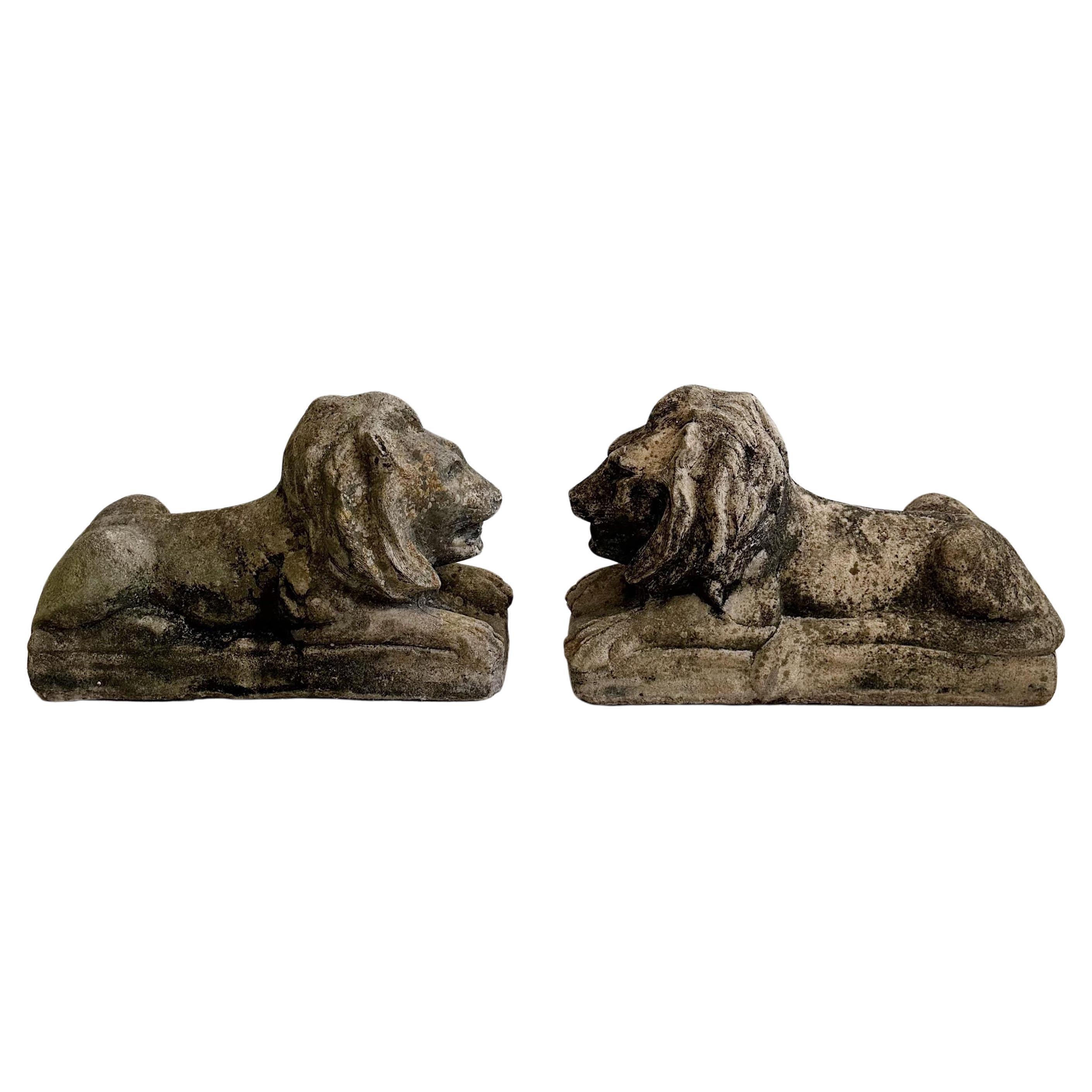 Pair Weathered Concrete Outdoor Reclining Garden Lions Circa 1950's For Sale