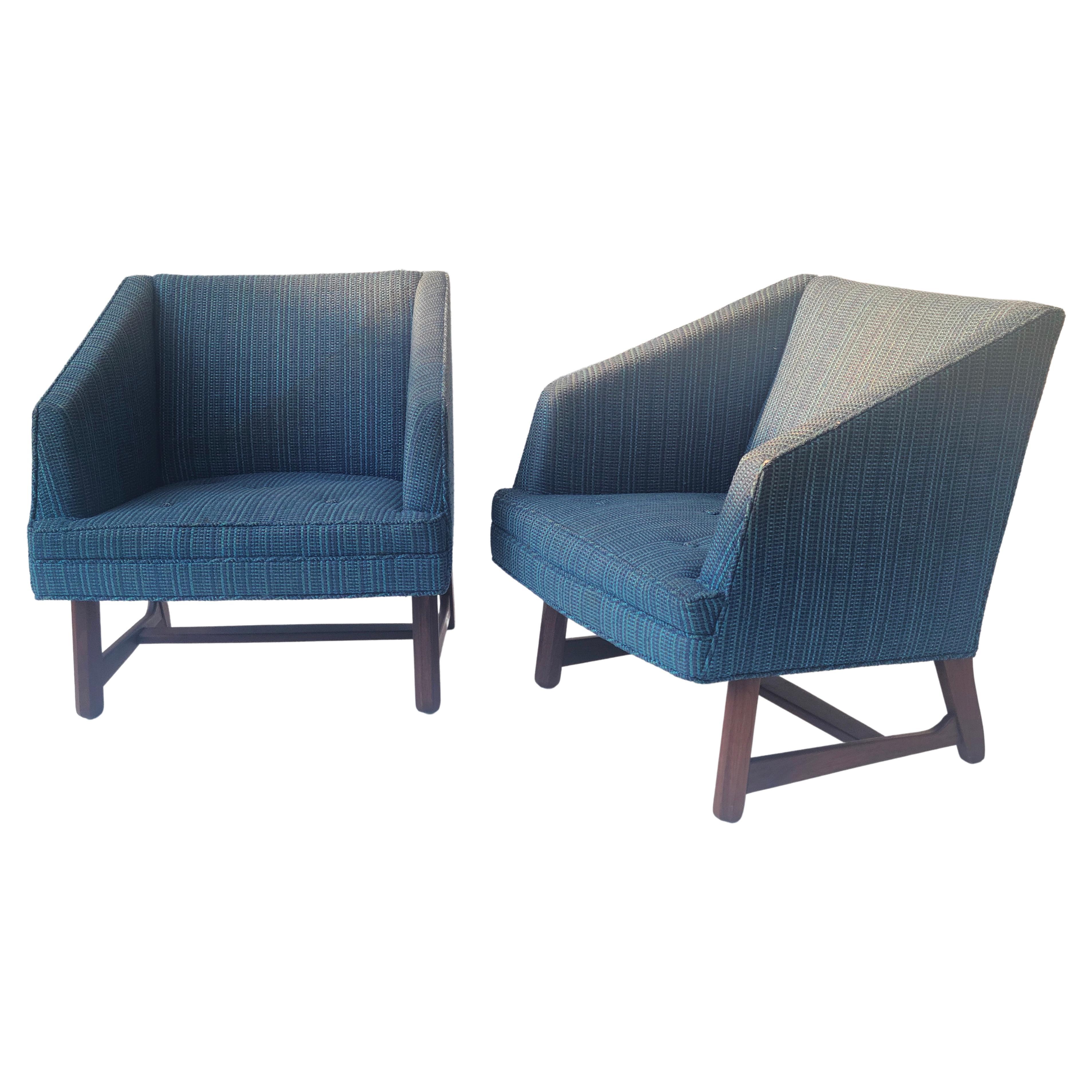 Pair Wedge Lounge Chairs Sculpted Walnut Base Style of Dunbar 5
