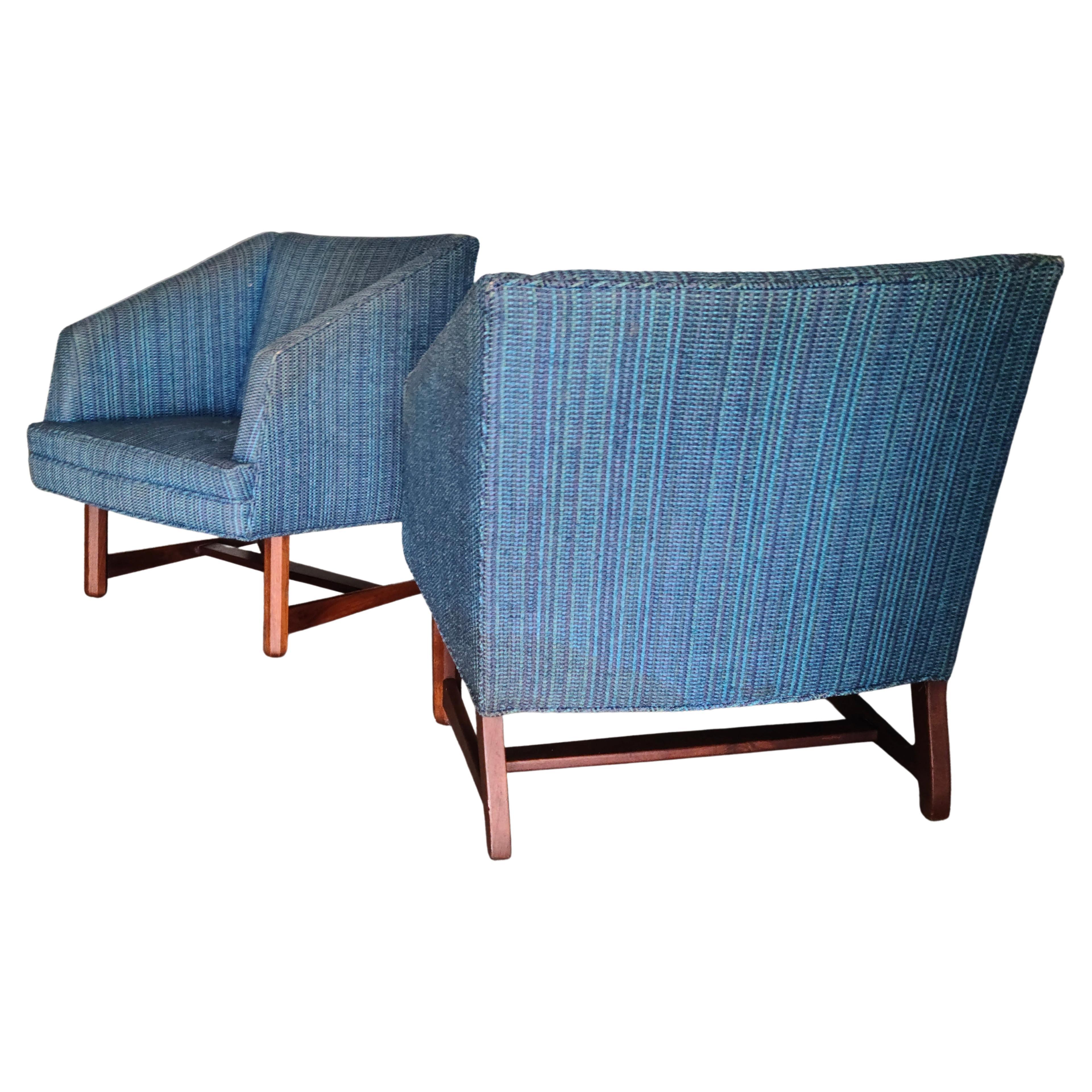 Mid-20th Century Pair Wedge Lounge Chairs Sculpted Walnut Base Style of Dunbar