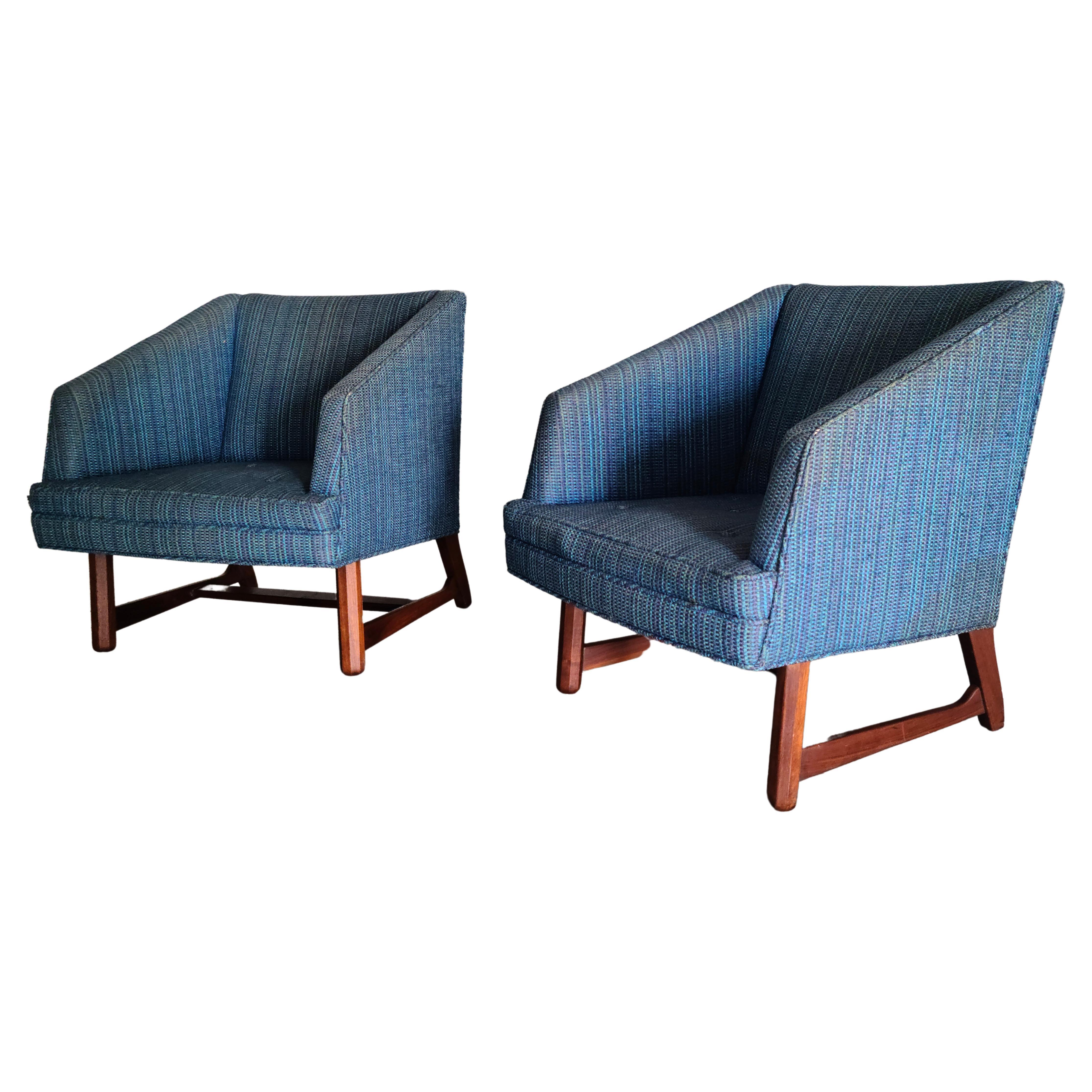 Fabric Pair Wedge Lounge Chairs Sculpted Walnut Base Style of Dunbar