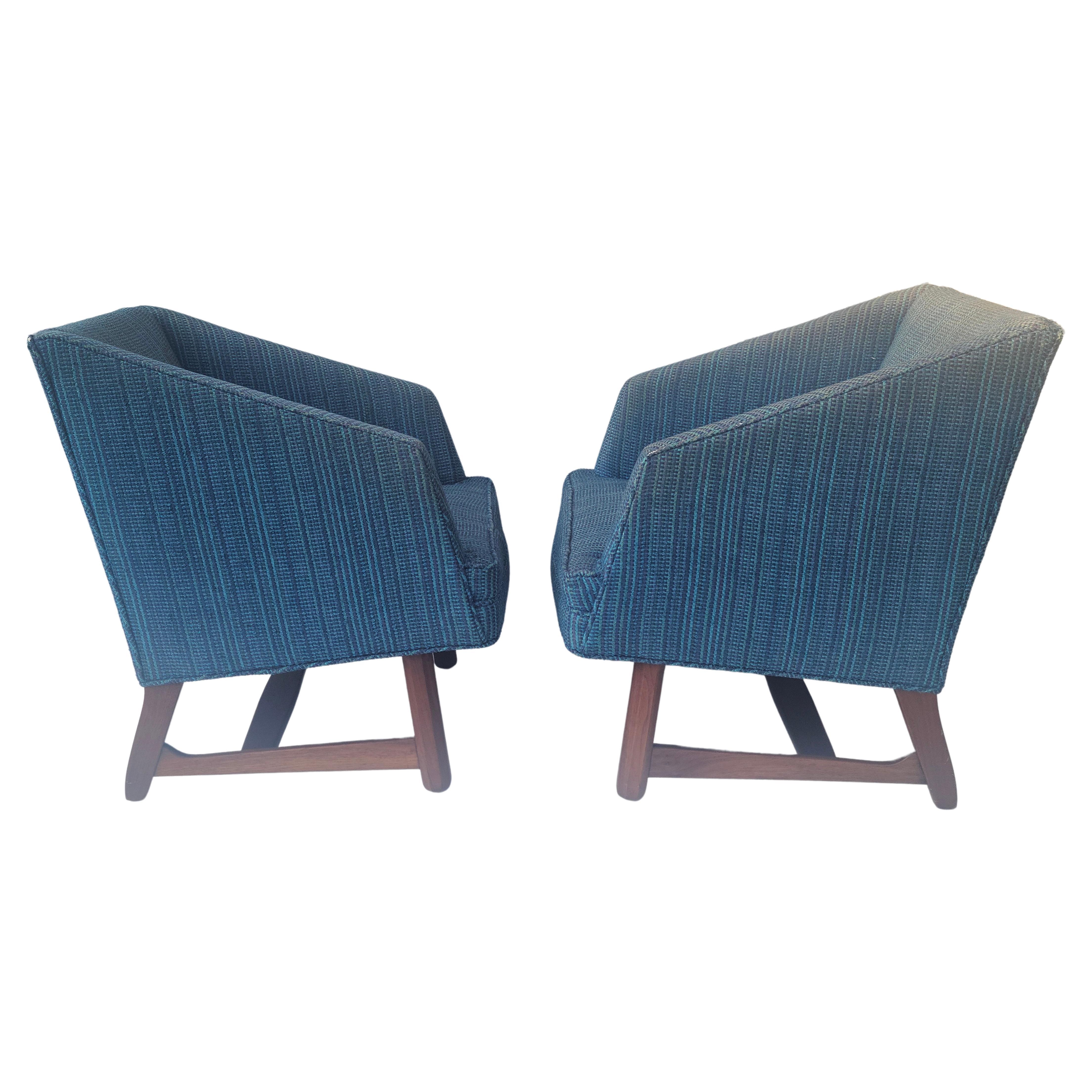 Pair Wedge Lounge Chairs Sculpted Walnut Base Style of Dunbar 2
