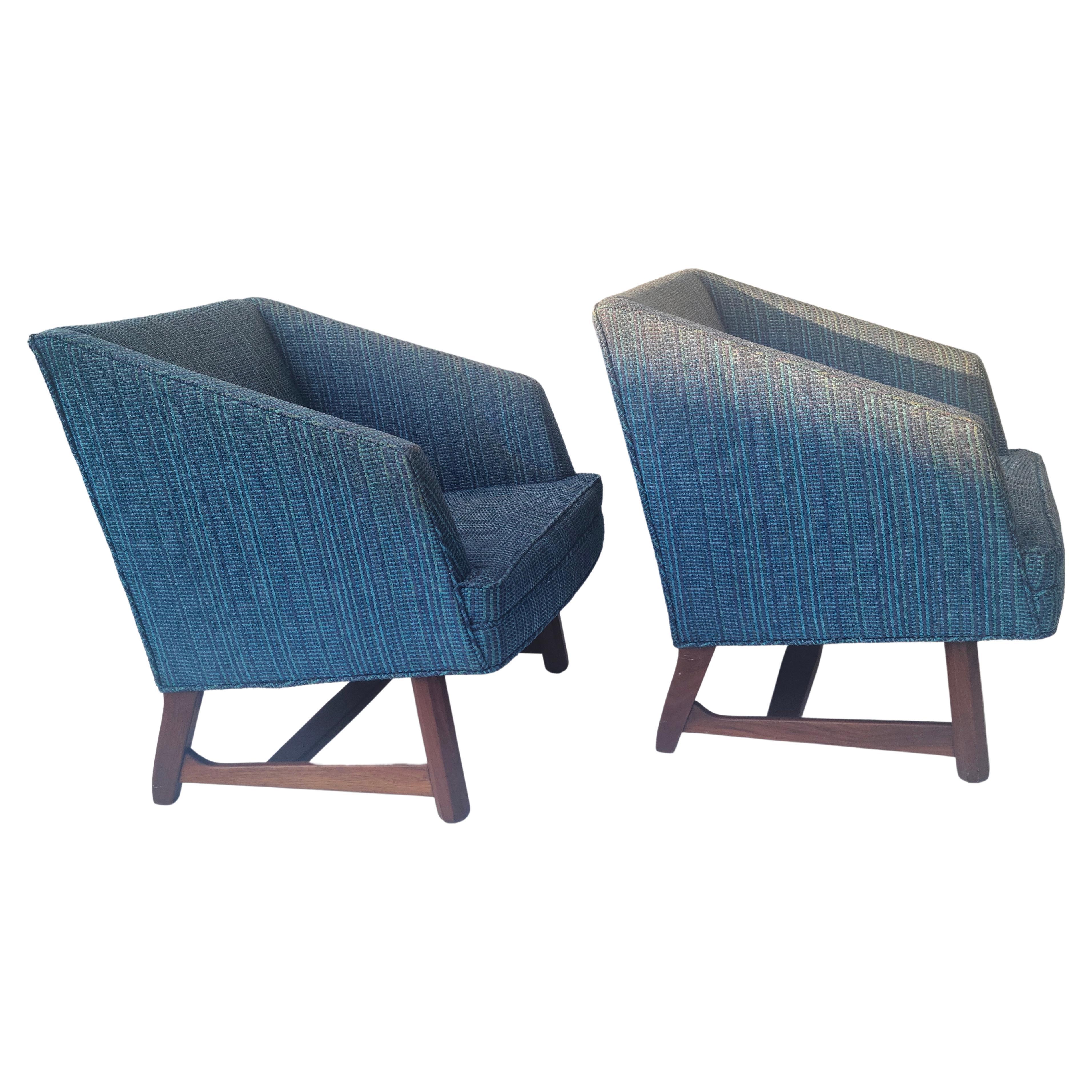 Pair Wedge Lounge Chairs Sculpted Walnut Base Style of Dunbar 4
