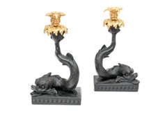 Pair Wedgwood Basalt Dolphin Form Candlesticks with Gilt Rococo Candle Nozzles