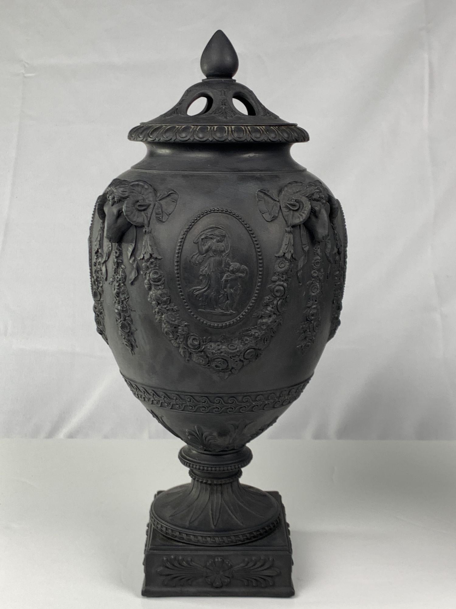 English Pair Wedgwood Black Basalt Urn Neoclassical Made in England Circa 1840