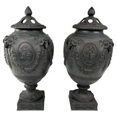 Pair Wedgwood Black Basalt Urn Neoclassical Made in England Circa 1840