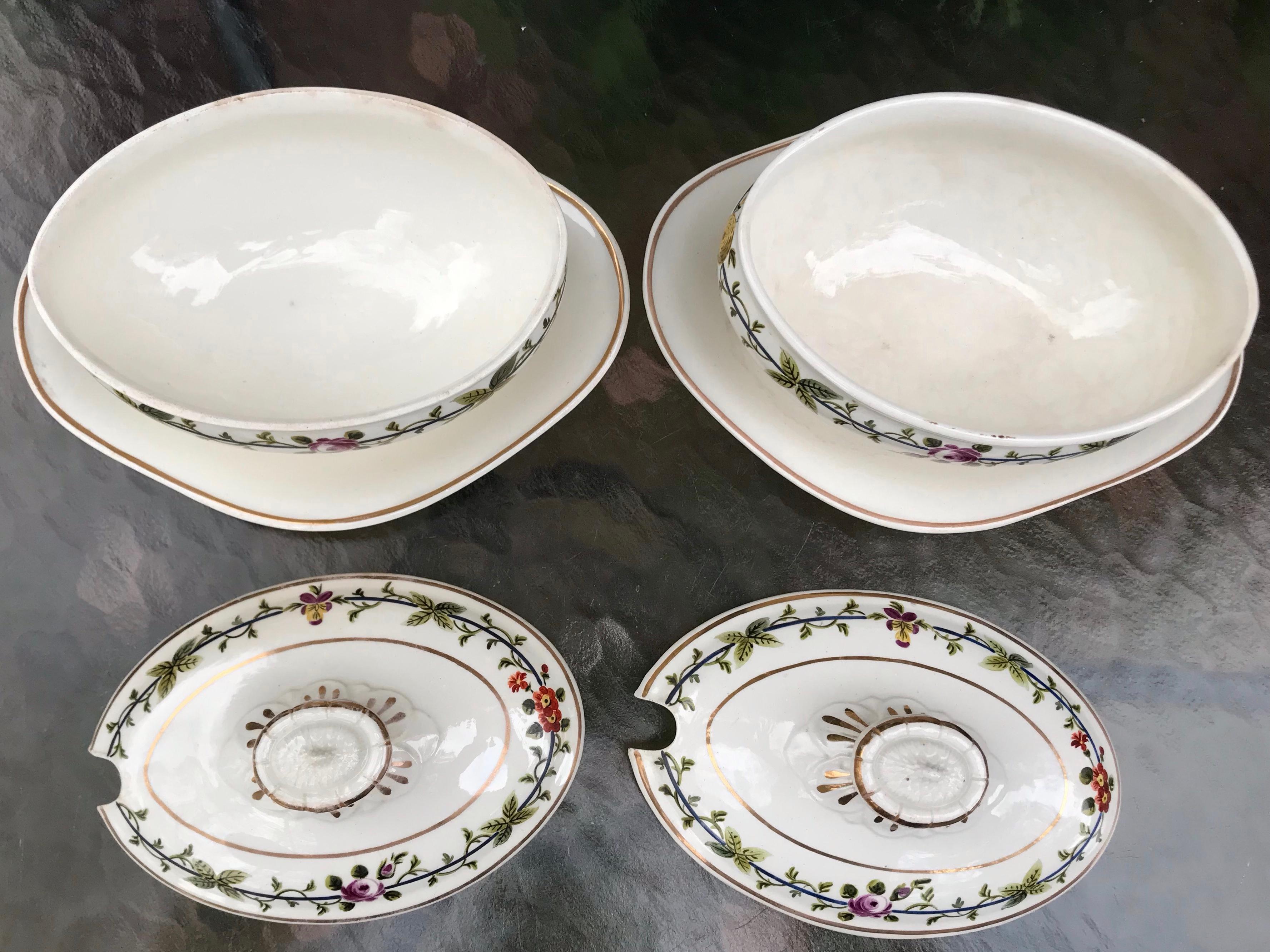 Hand-Painted Pair Wedgwood Creamware Floral Banded Sauceboats For Sale