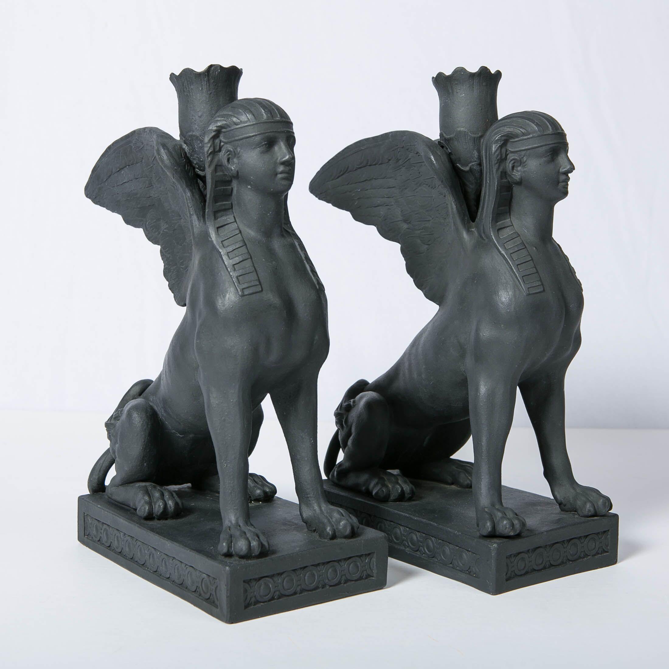 Molded Pair of Wedgwood Egyptian Revival Black Basalt Sphinxes Made 18th Century