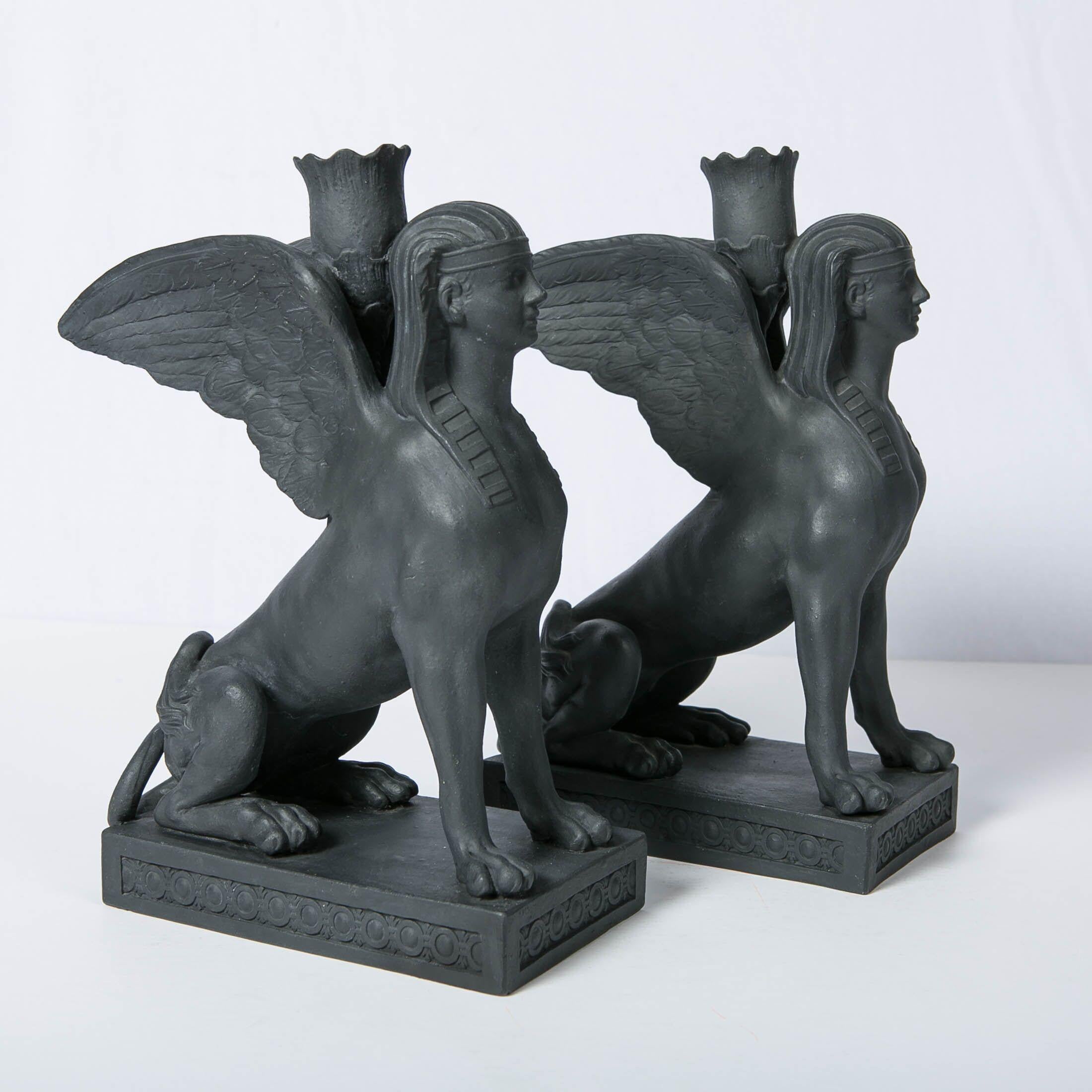 Pair of Wedgwood Egyptian Revival Black Basalt Sphinxes Made 18th Century In Excellent Condition In Katonah, NY