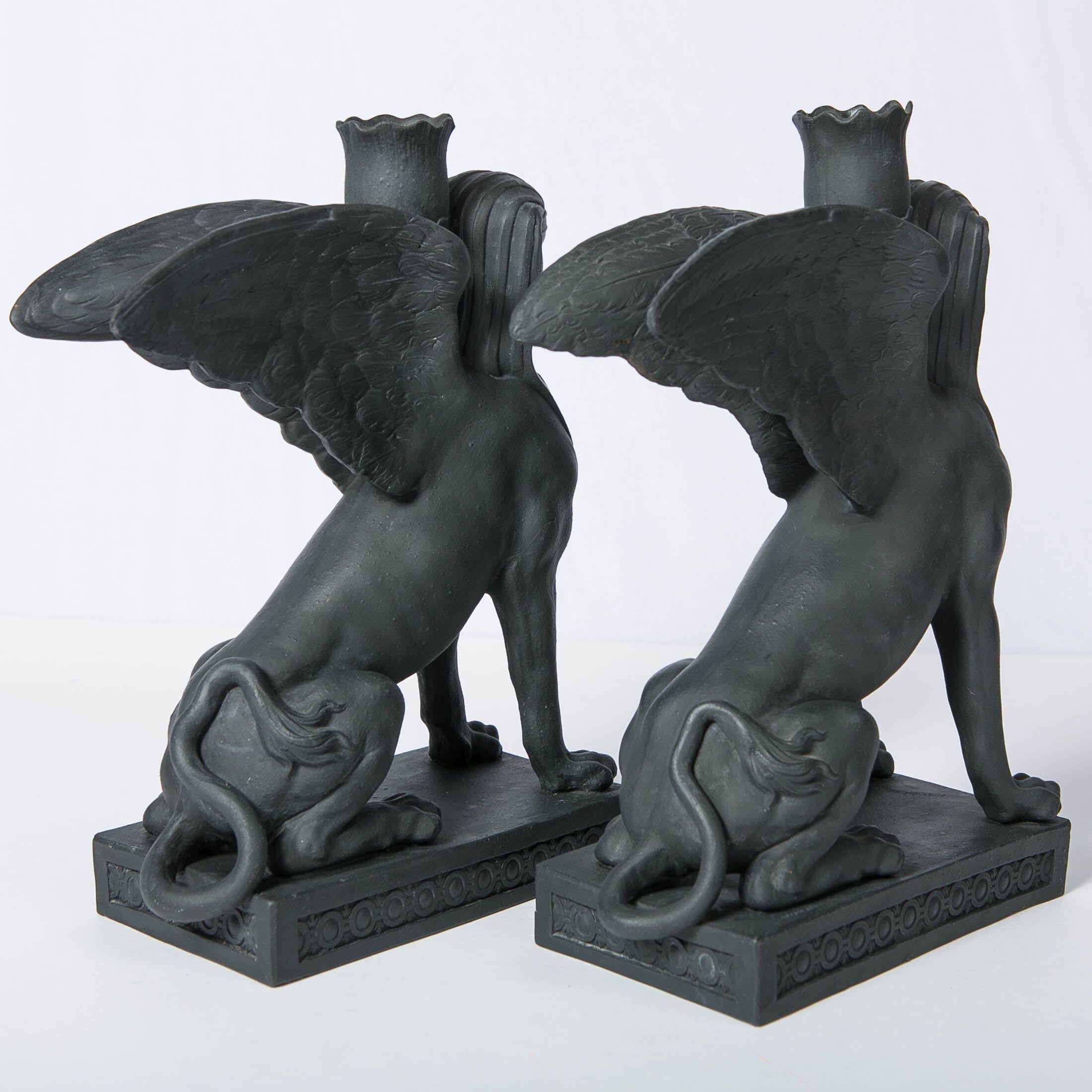 Pair of Wedgwood Egyptian Revival Black Basalt Sphinxes Made 18th Century 1
