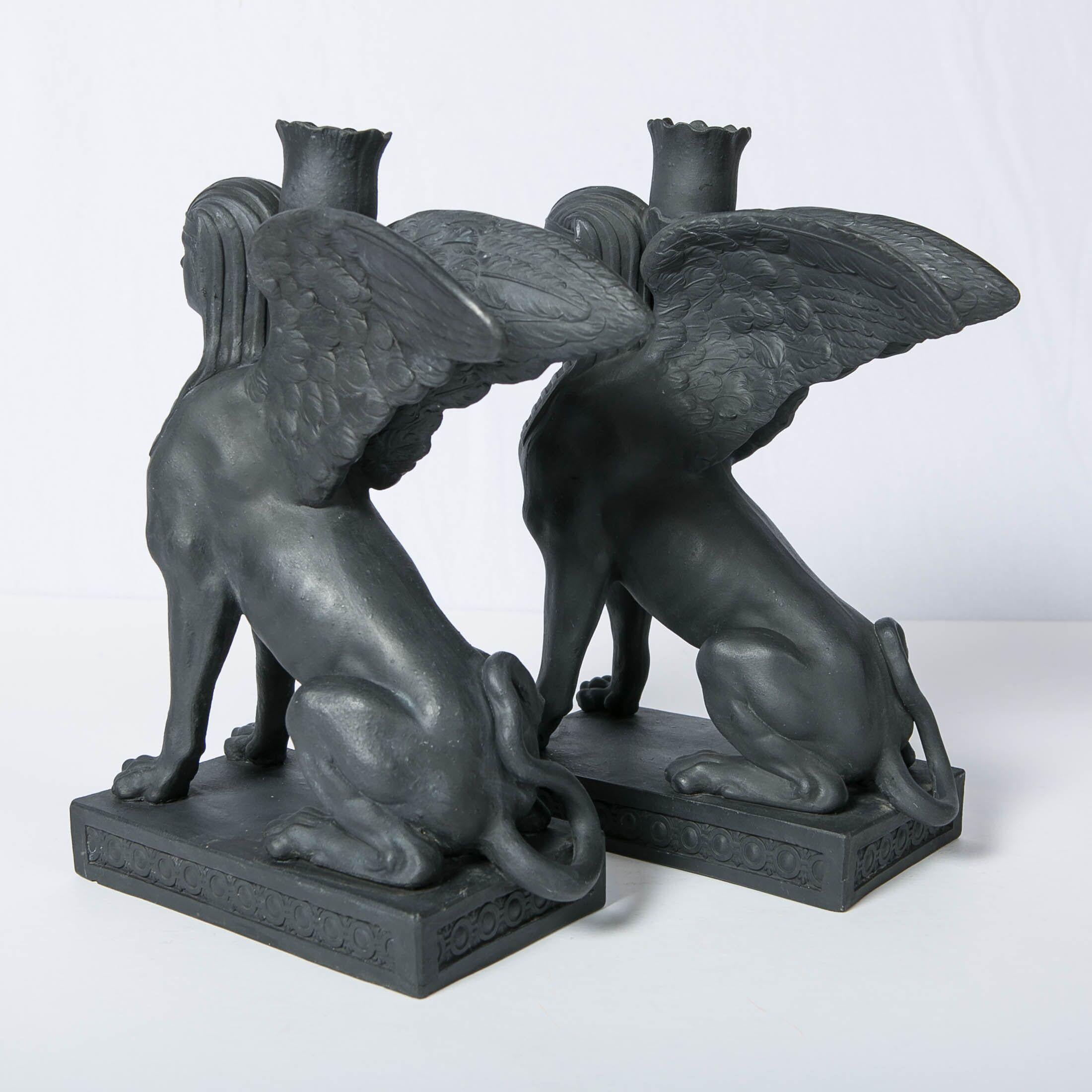 Stoneware Pair Wedgwood Egyptian Revival Black Basalt Sphinxes Made 18th Century, England For Sale