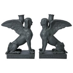 Antique Pair Wedgwood Egyptian Revival Black Basalt Sphinxes Made 18th Century, England