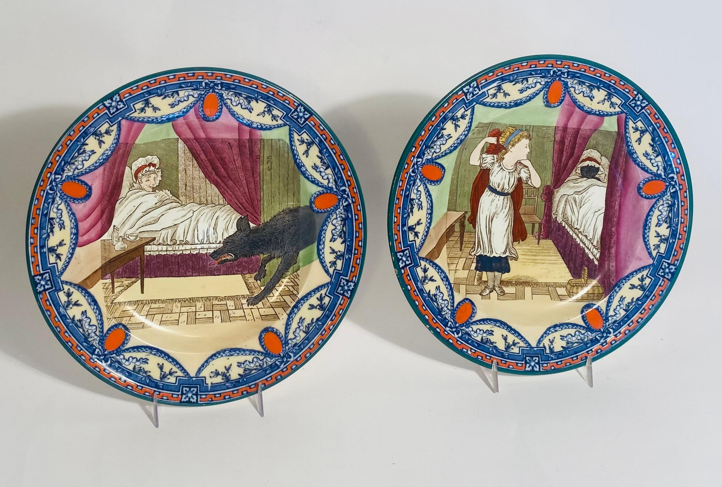 British Pair Wedgwood Little Red Riding Hood Collectible Plates, Vibrantly Hand Colored For Sale